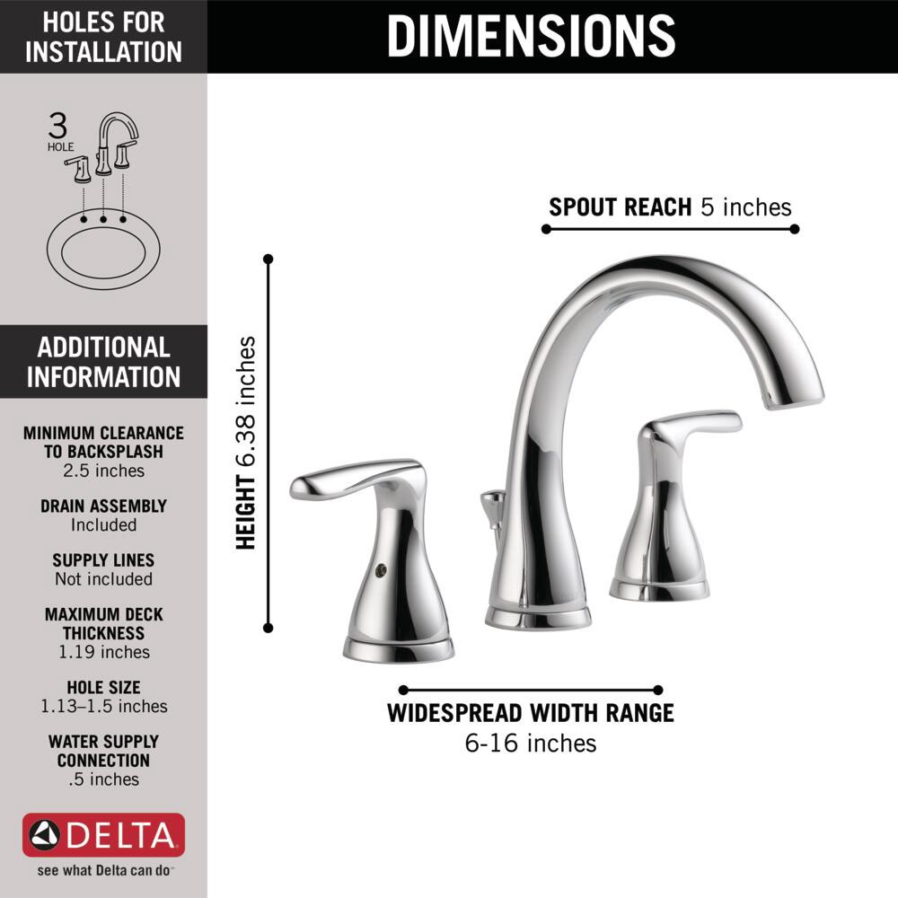 slide 4 of 6, Delta Foundations Chrome Widespread 2-handle WaterSense Mid-arc Residential Handle Bathroom Sink Faucet with Drain, 1 ct