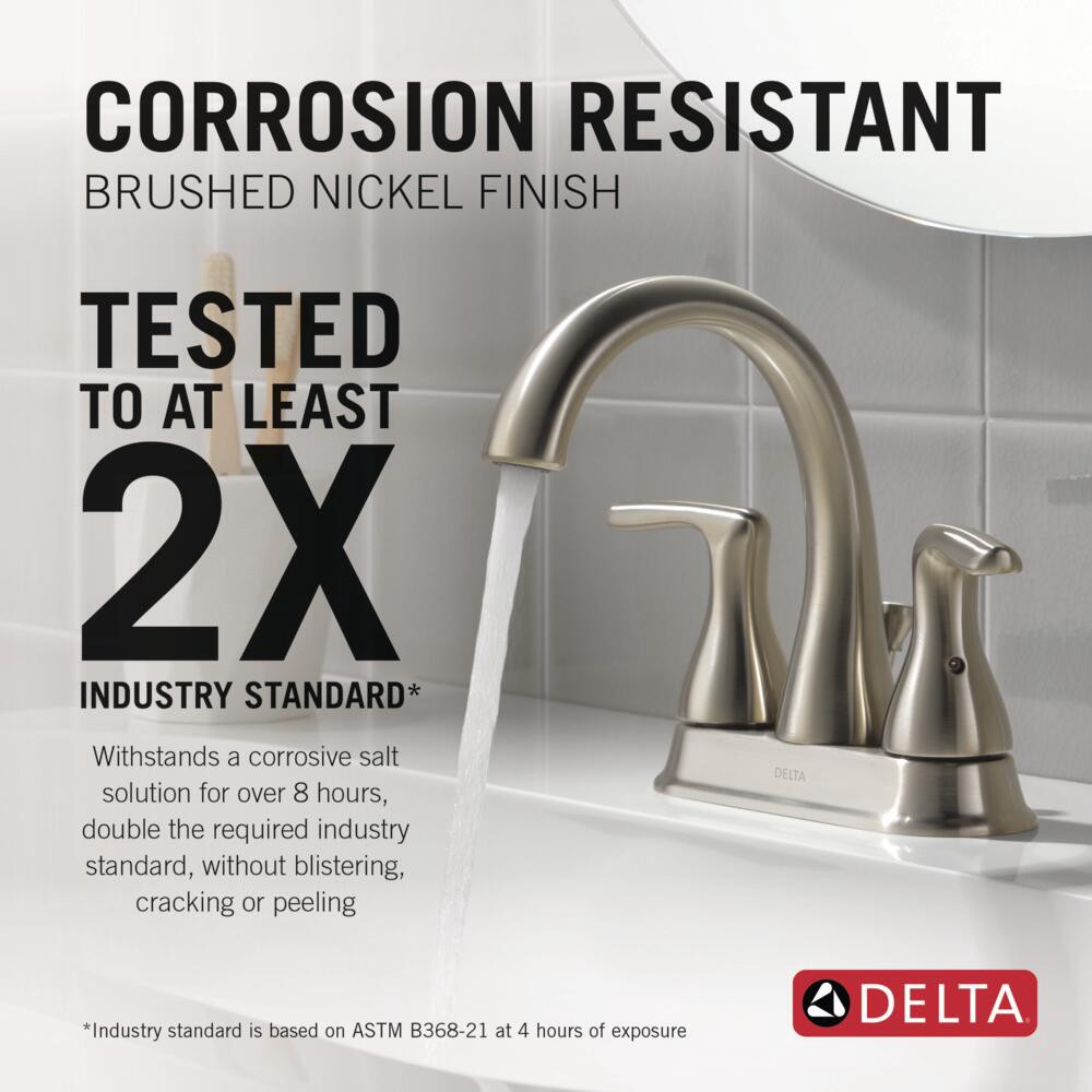 slide 3 of 6, Delta Foundations Brushed Nickel 4-in centerset 2-handle WaterSense Mid-arc Residential Handle Bathroom Sink Faucet with Drain, 1 ct