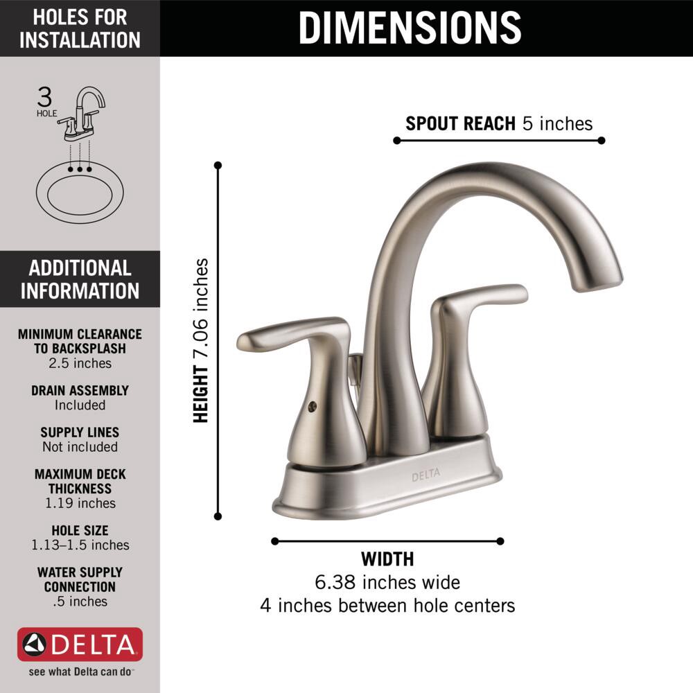 slide 6 of 6, Delta Foundations Brushed Nickel 4-in centerset 2-handle WaterSense Mid-arc Residential Handle Bathroom Sink Faucet with Drain, 1 ct