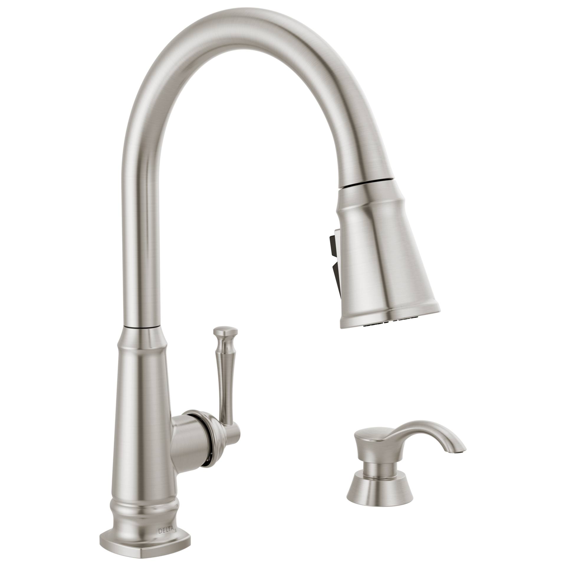 slide 1 of 6, Delta Abbott SpotShield Stainless Steel Double Handle Deck-mount Pull-down Kitchen Faucet with Sprayer (Includes Deck Plate) (Includes Soap Dispenser), 1 ct