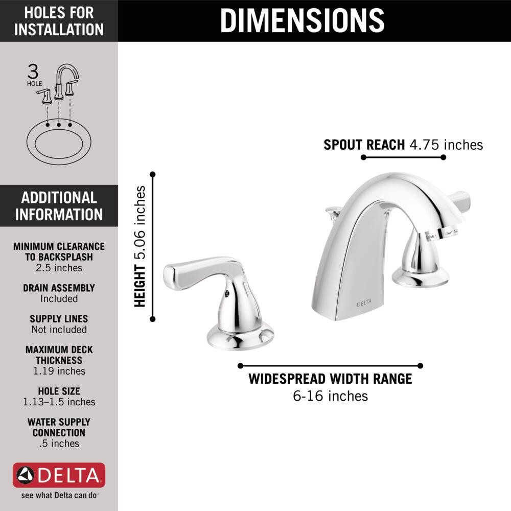 slide 4 of 6, Delta Foundations Chrome Widespread 2-handle WaterSense Mid-arc Residential Handle Bathroom Sink Faucet with Drain, 1 ct