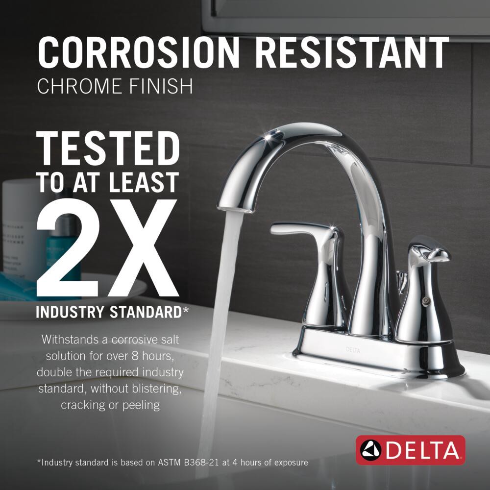 slide 3 of 6, Delta Foundations Chrome 4-in centerset 2-handle WaterSense Mid-arc Residential Handle Bathroom Sink Faucet with Drain, 1 ct