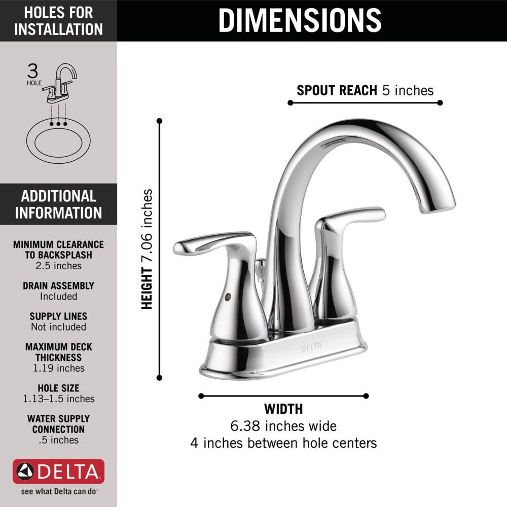 slide 5 of 6, Delta Foundations Chrome 4-in centerset 2-handle WaterSense Mid-arc Residential Handle Bathroom Sink Faucet with Drain, 1 ct