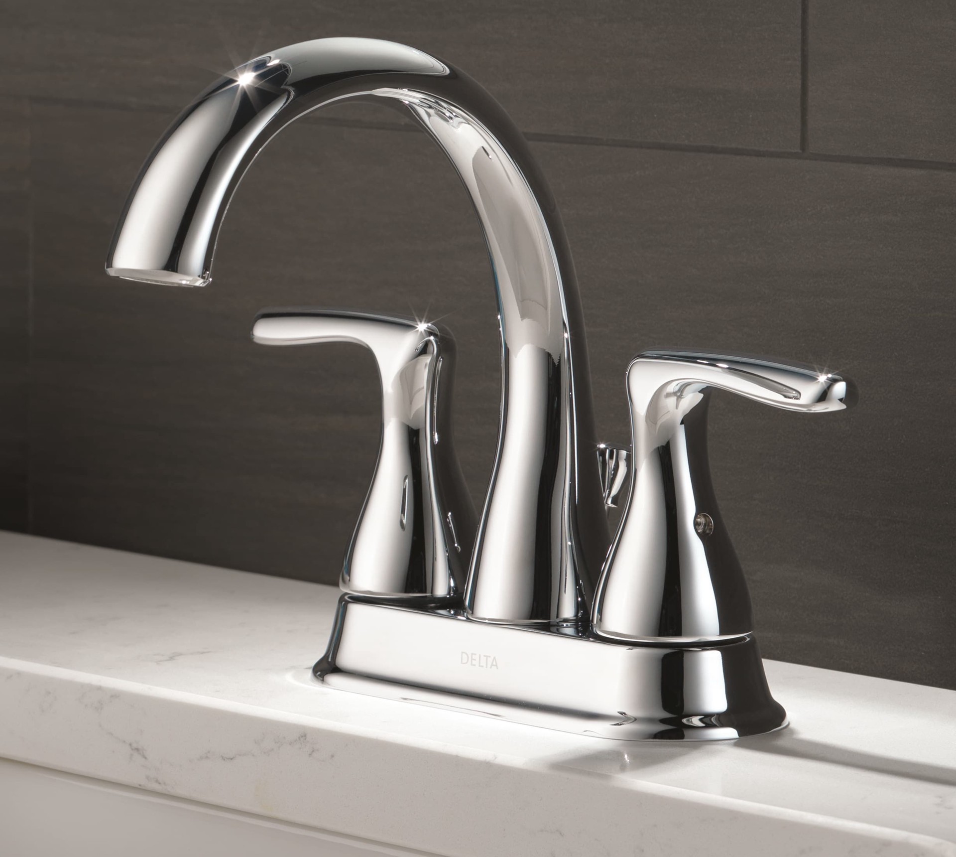 slide 1 of 6, Delta Foundations Chrome 4-in centerset 2-handle WaterSense Mid-arc Residential Handle Bathroom Sink Faucet with Drain, 1 ct