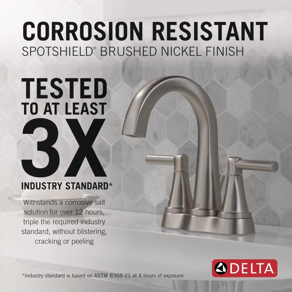 slide 2 of 6, Delta Becker Spotshield Brushed Nickel 4-in centerset 2-handle WaterSense Mid-arc Residential Handle Bathroom Sink Faucet with Drain, 1 ct