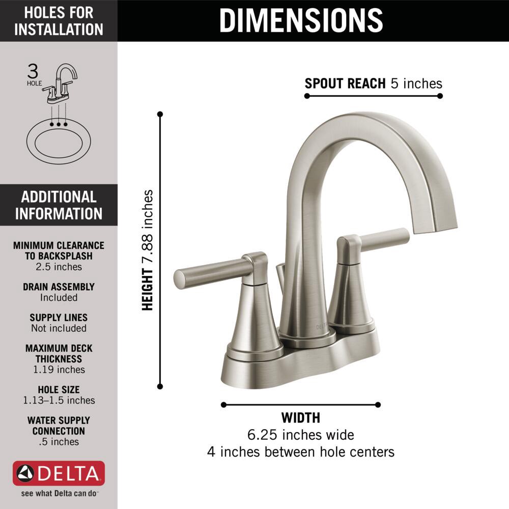 slide 5 of 6, Delta Becker Spotshield Brushed Nickel 4-in centerset 2-handle WaterSense Mid-arc Residential Handle Bathroom Sink Faucet with Drain, 1 ct
