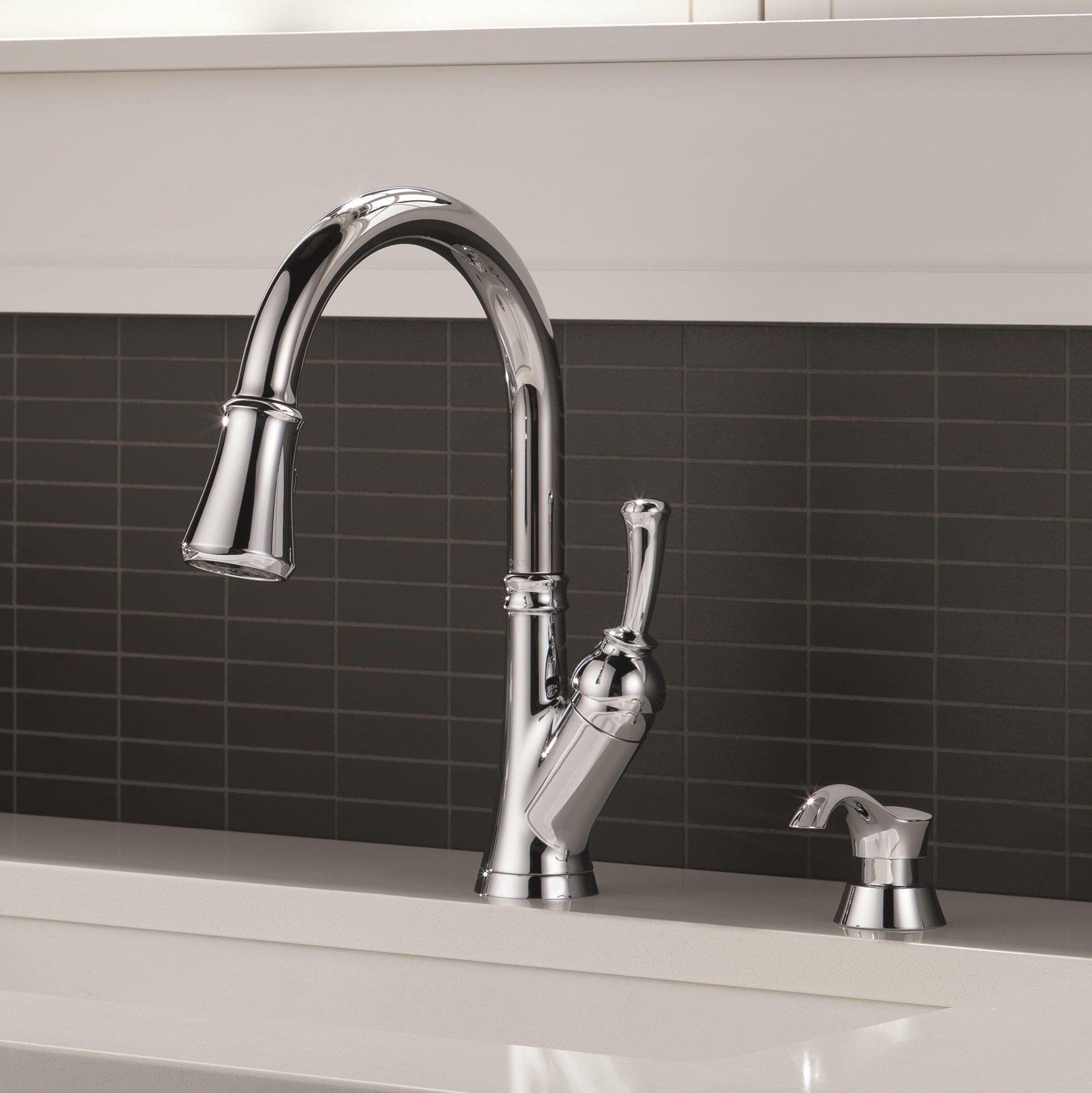 slide 1 of 6, Delta Savile Chrome Single Handle Deck-mount Pull-down Kitchen Faucet with Sprayer (Includes Deck Plate) (Includes Soap Dispenser), 1 ct