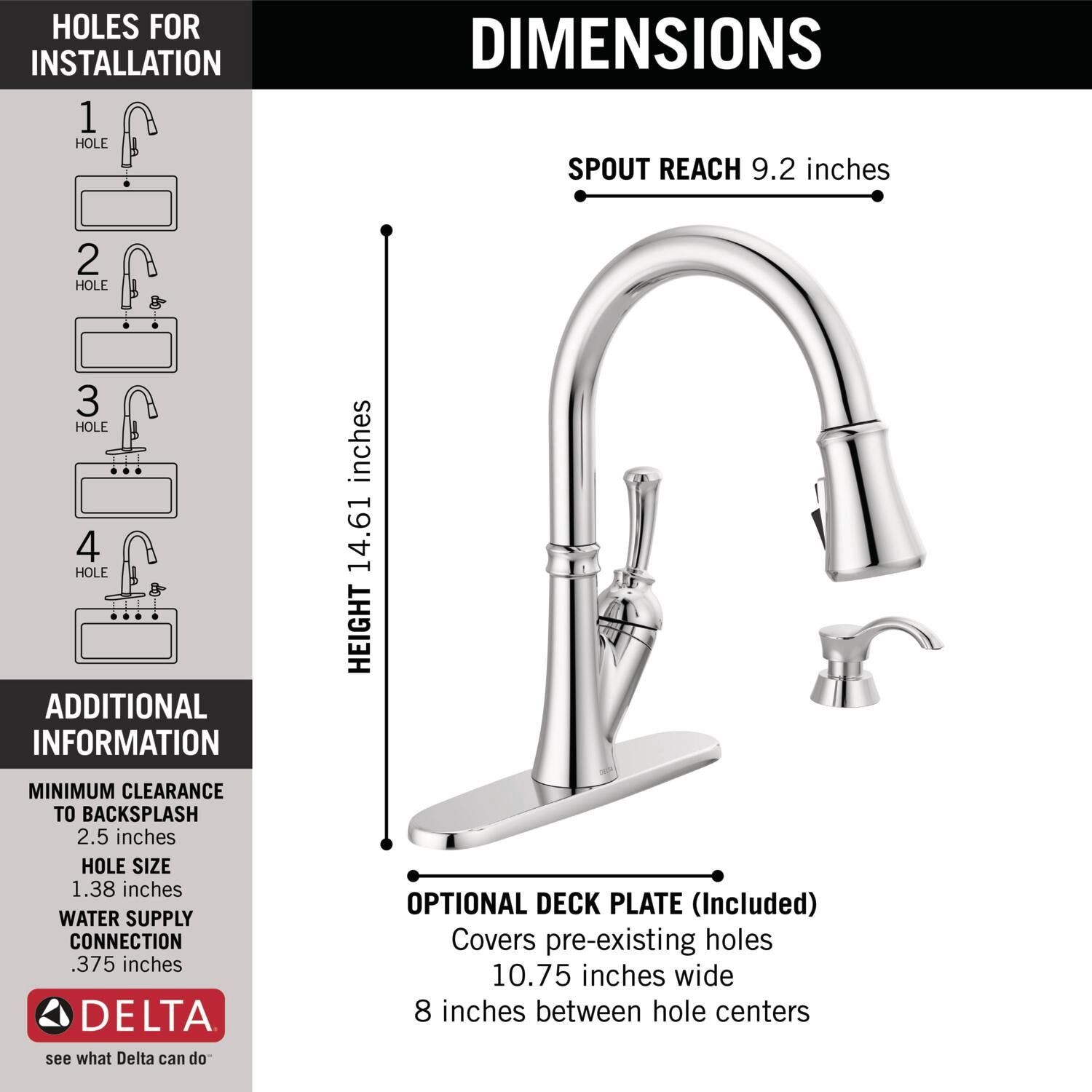slide 4 of 6, Delta Savile Chrome Single Handle Deck-mount Pull-down Kitchen Faucet with Sprayer (Includes Deck Plate) (Includes Soap Dispenser), 1 ct