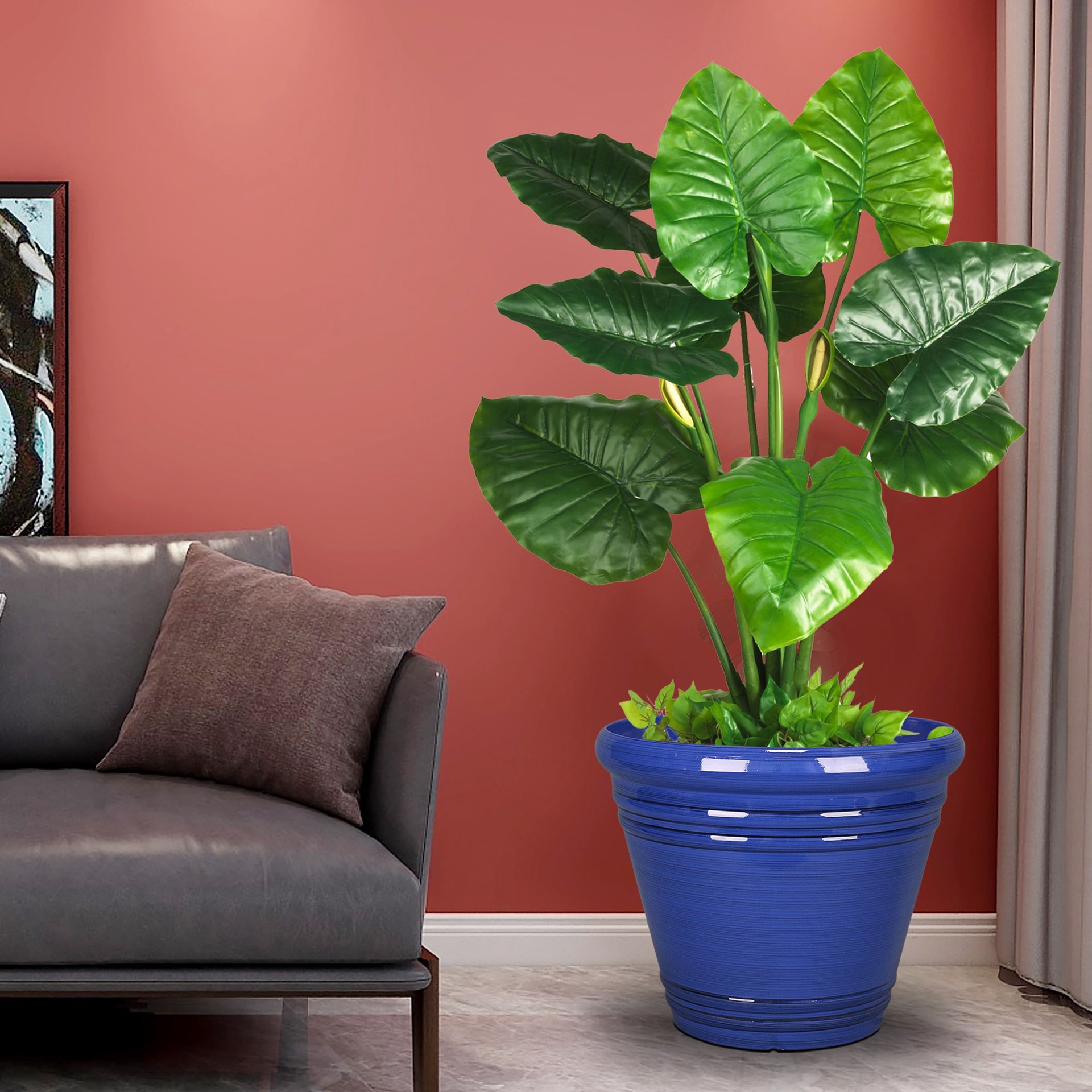 slide 2 of 6, Style Selections Round 16.5-in W x 14.45-in H x Blue Recycled plastic Contemporary/Modern Indoor/Outdoor Planter, 1 ct