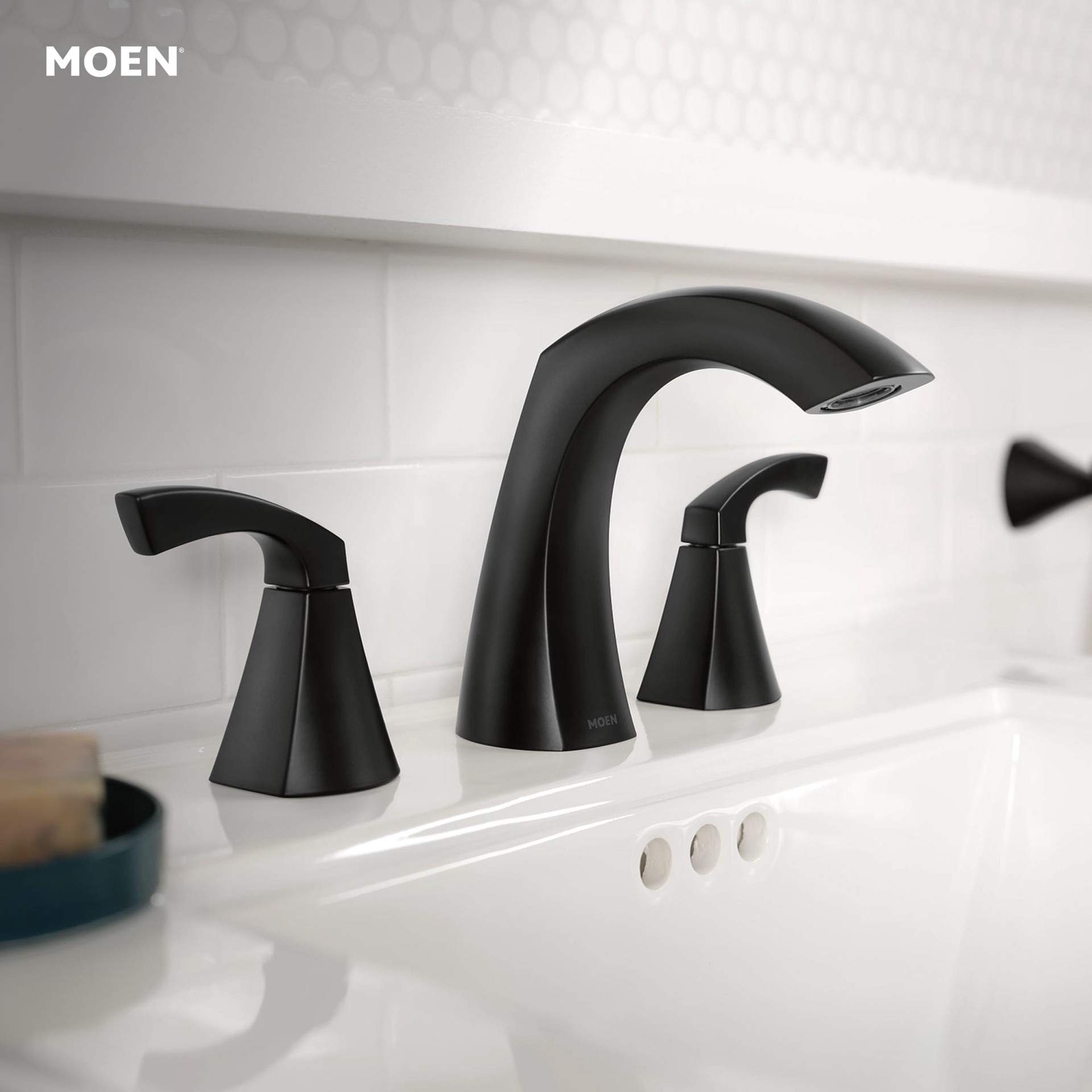 slide 3 of 6, Moen Lindor Matte Black Widespread 2-handle High-arc Residential Handle Bathroom Sink Faucet with Drain, 1 ct
