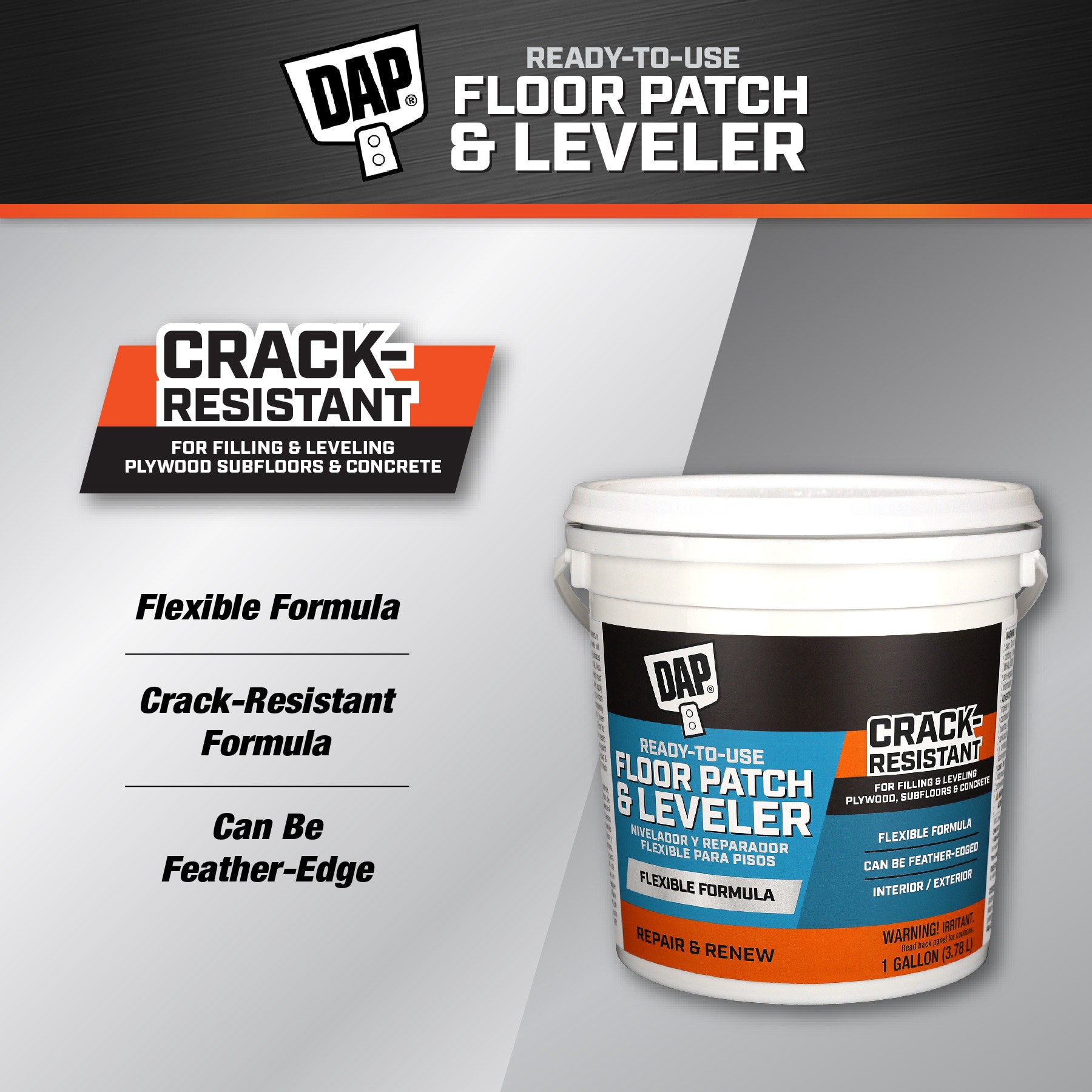slide 2 of 4, DAP Flexible Floor Patch and Leveler Gray Interior/Exterior Waterproof , Patching compound 1 Gallon(s), 1 ct