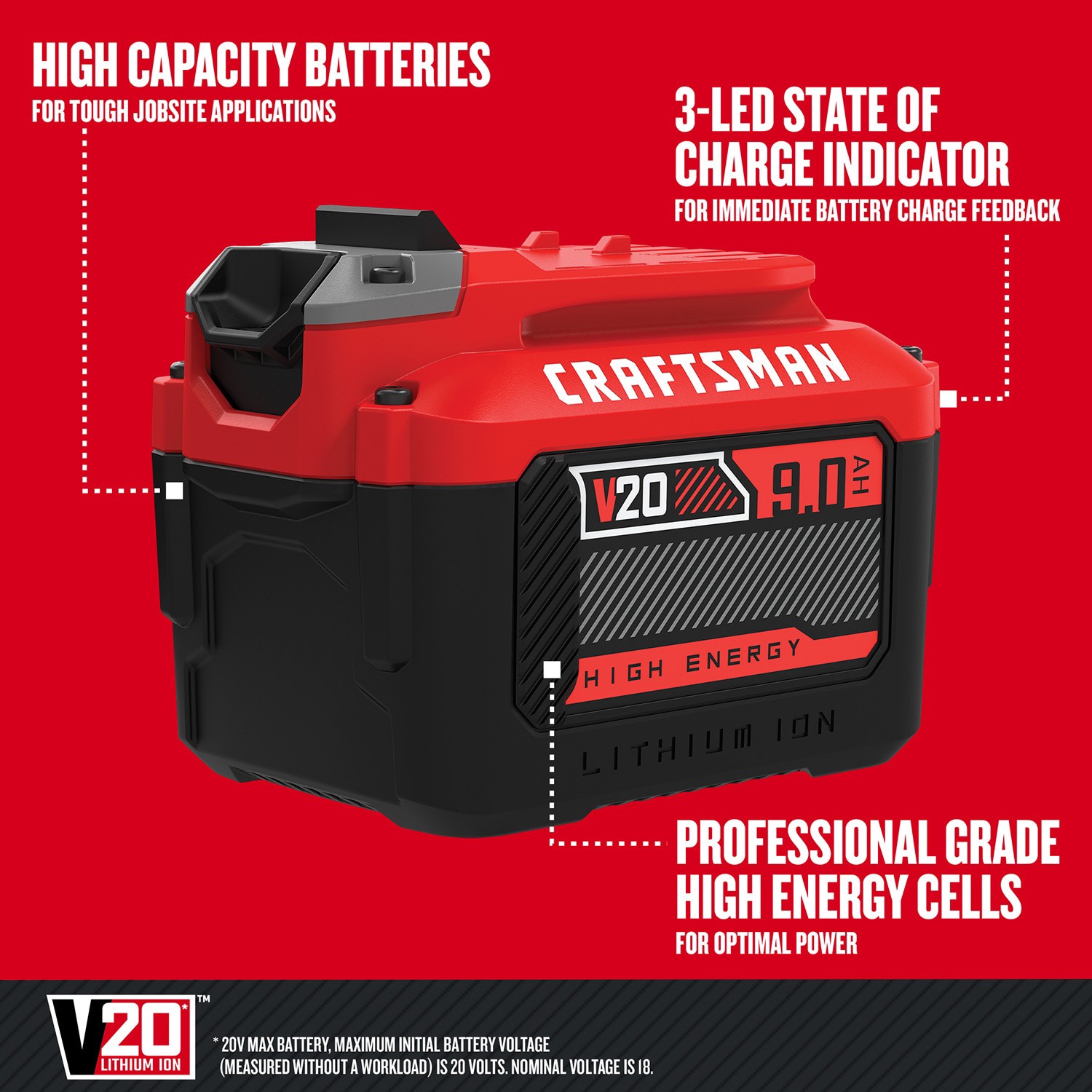 slide 3 of 6, CRAFTSMAN V20 20 -Volt 1 -Pack Lithium-ion ( 9 Ah Battery ), 1 ct