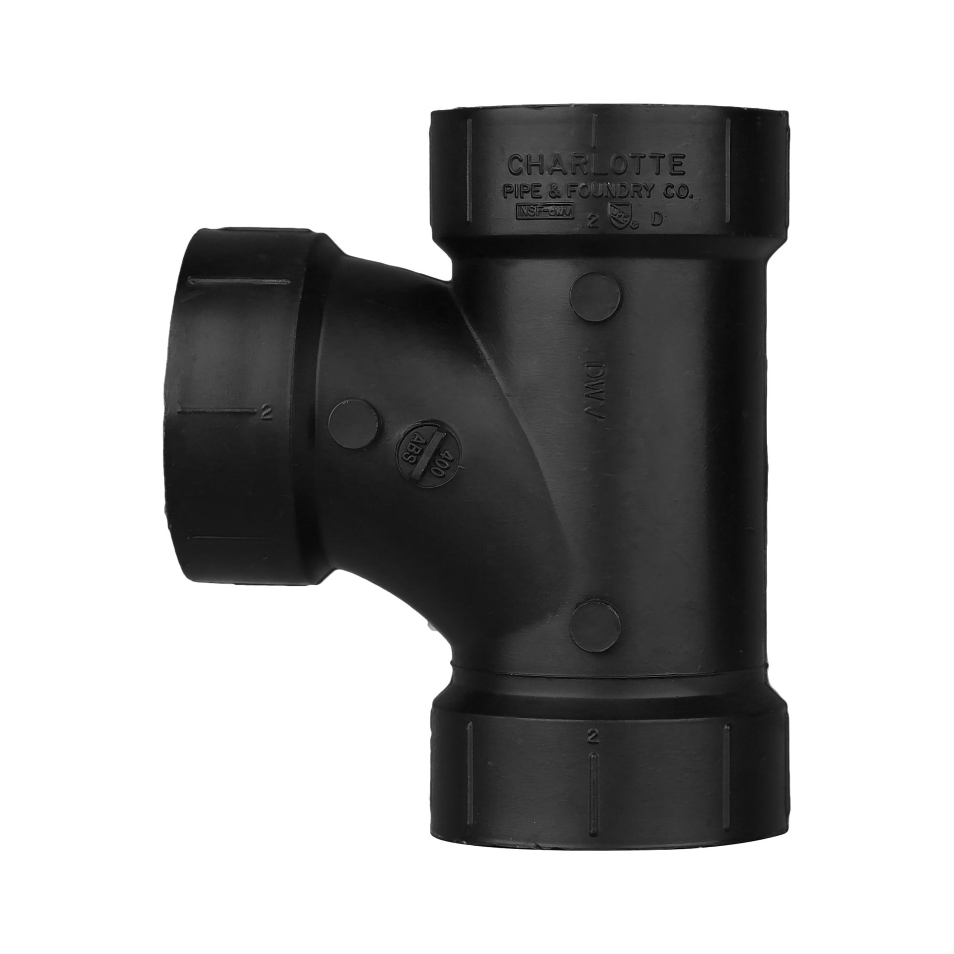 slide 5 of 6, Charlotte Pipe 2-in x 2-in x 2-in dia ABS DWV Fitting is NSF safety listed and suitable for non-potable water applications in sanitary drain and vent systems, 1 ct