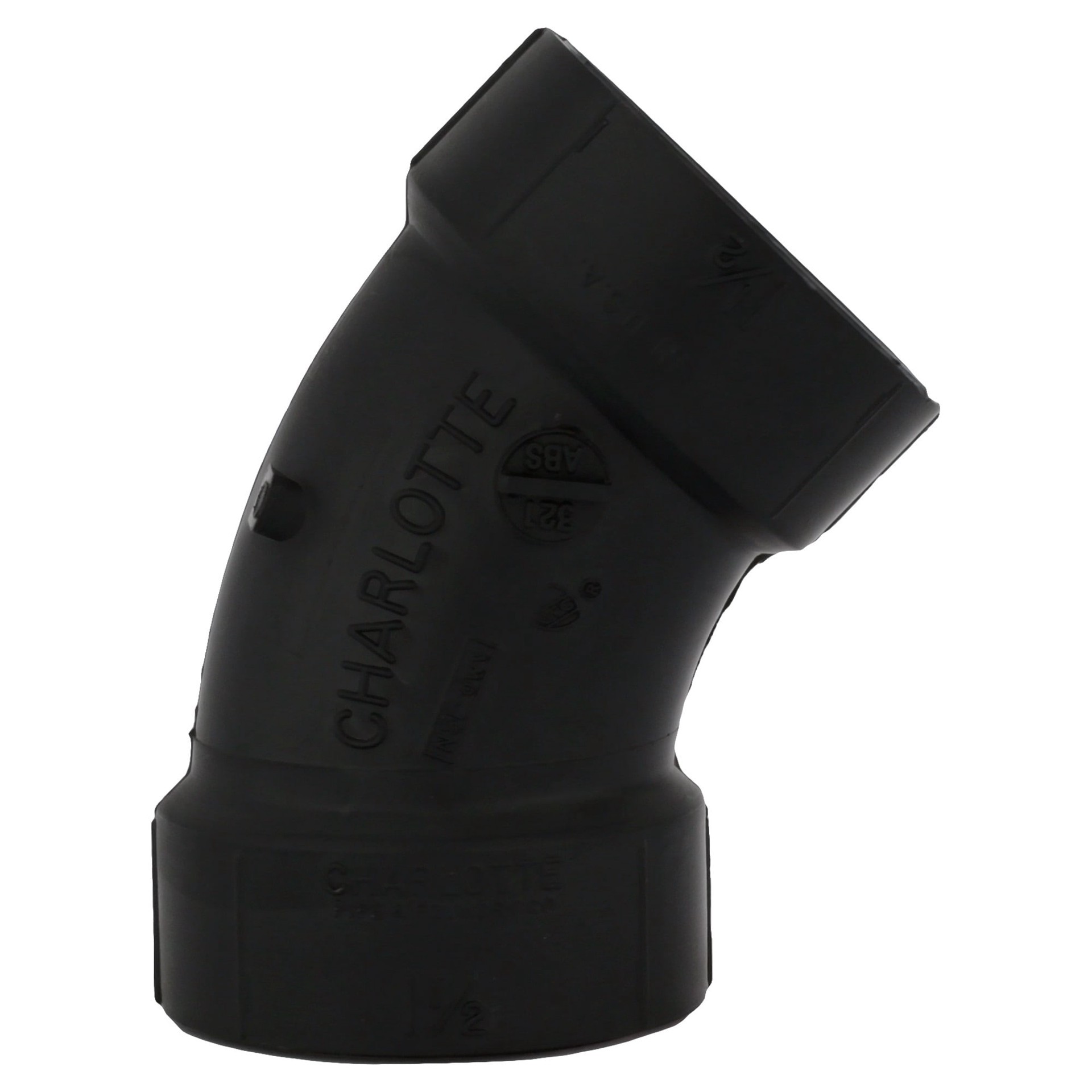 slide 3 of 6, Charlotte Pipe 3-in x 3-in x 45 Degree ABS DWV Black Elbow Fitting with NSF Safety Listing for Sanitary Drain and Vent Applications, 1 ct