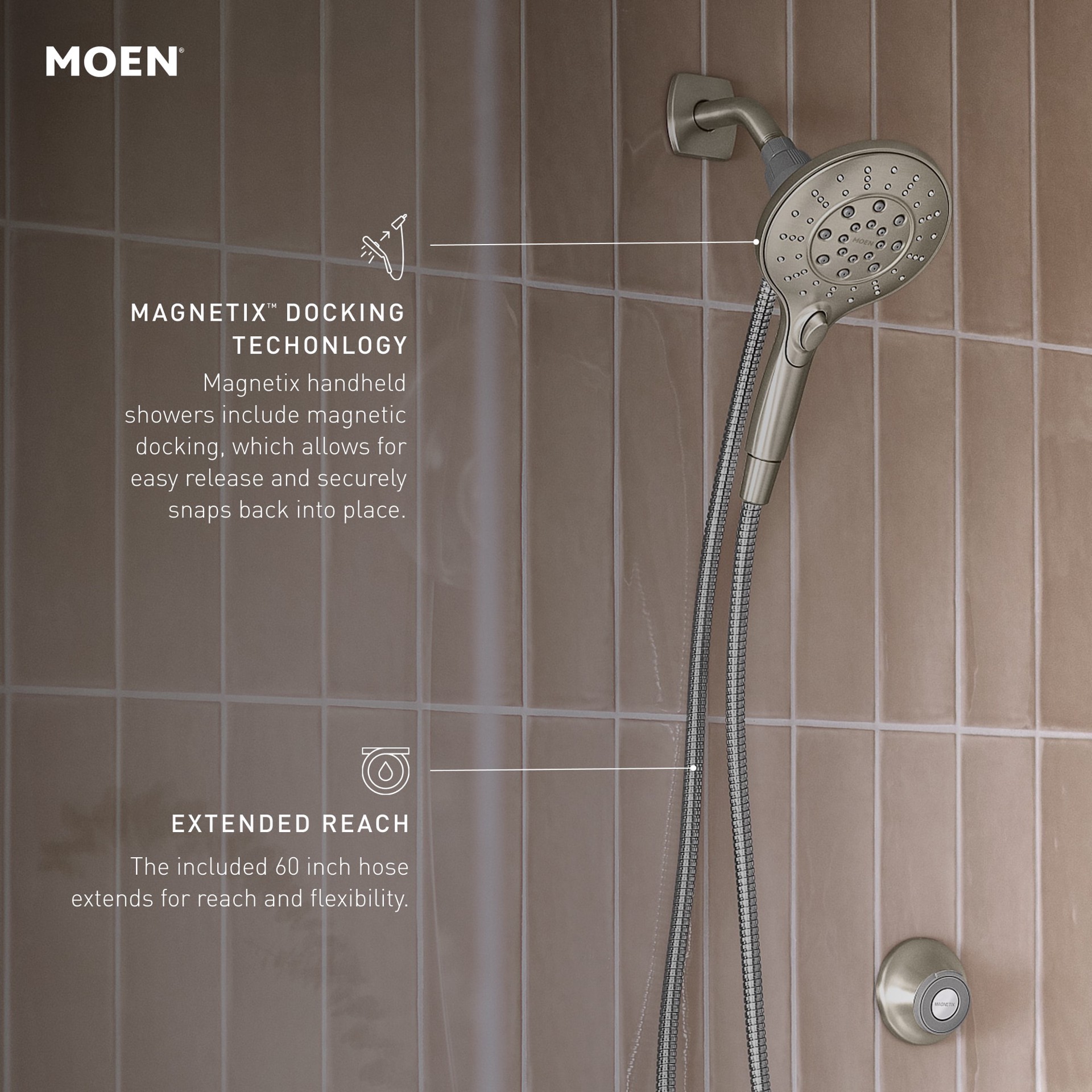 slide 3 of 6, Moen Engage 6.0 -Spray Spot Resist Brushed Nickel 5.5-in Round Rain Handheld Shower Head 1.75 GPM, 1 ct