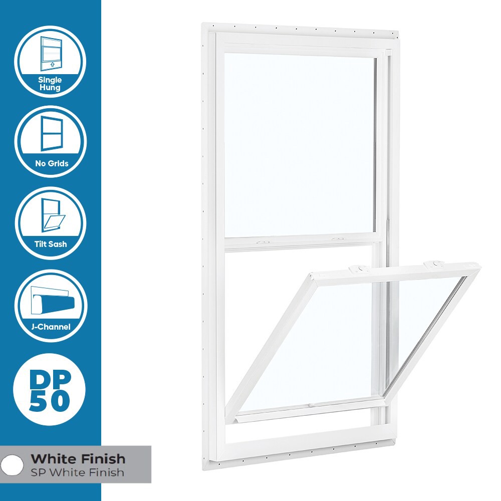 slide 3 of 6, RELIABILT 150 Series 31-1/2-in x 35-1/2-in White Exterior Vinyl New Construction Single Hung Window Low-E Double Pane Glass (Half Screen Included), 1 ct