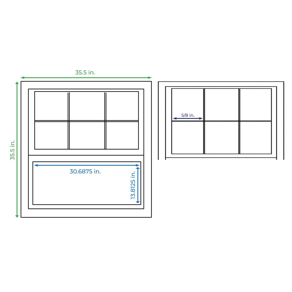 slide 5 of 6, RELIABILT 150 Series 35-1/2-in x 35-1/2-in White Exterior Vinyl New Construction Single Hung Window Low-E Double Pane Glass with Grids, (Half Screen Included), 1 ct