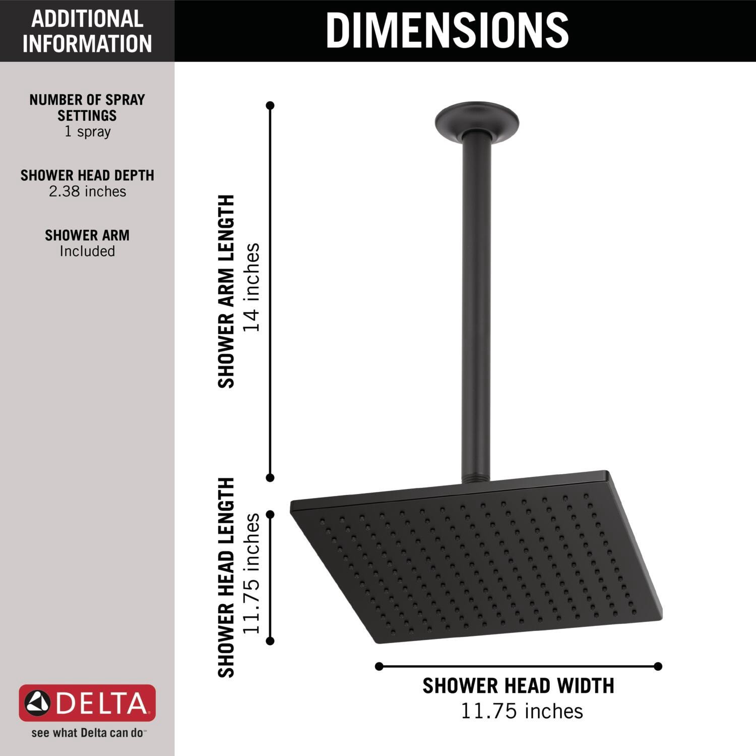 slide 3 of 5, Delta 1.0 -Spray Matte Black 11.7500-in Square Rain Shower Head 2.5 GPM, 1 ct