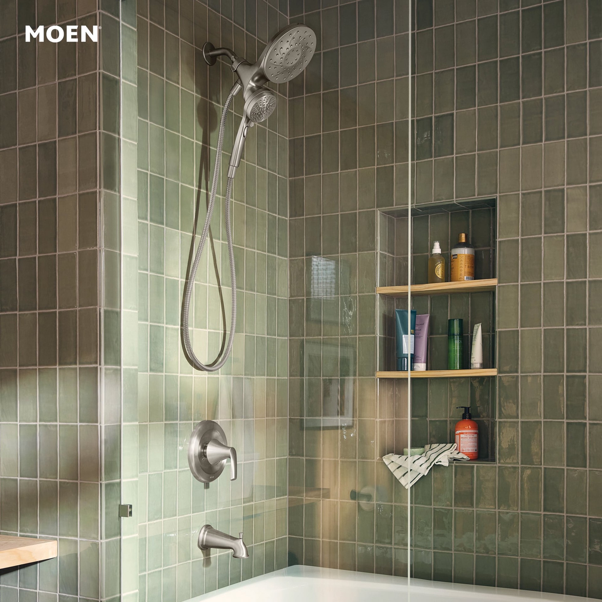 slide 2 of 6, Moen Graeden Magnetix Spot Resist Brushed Nickel 1-handle 6.75-in Round Bathtub and shower Faucet with Valve (Multi-head), 1 ct
