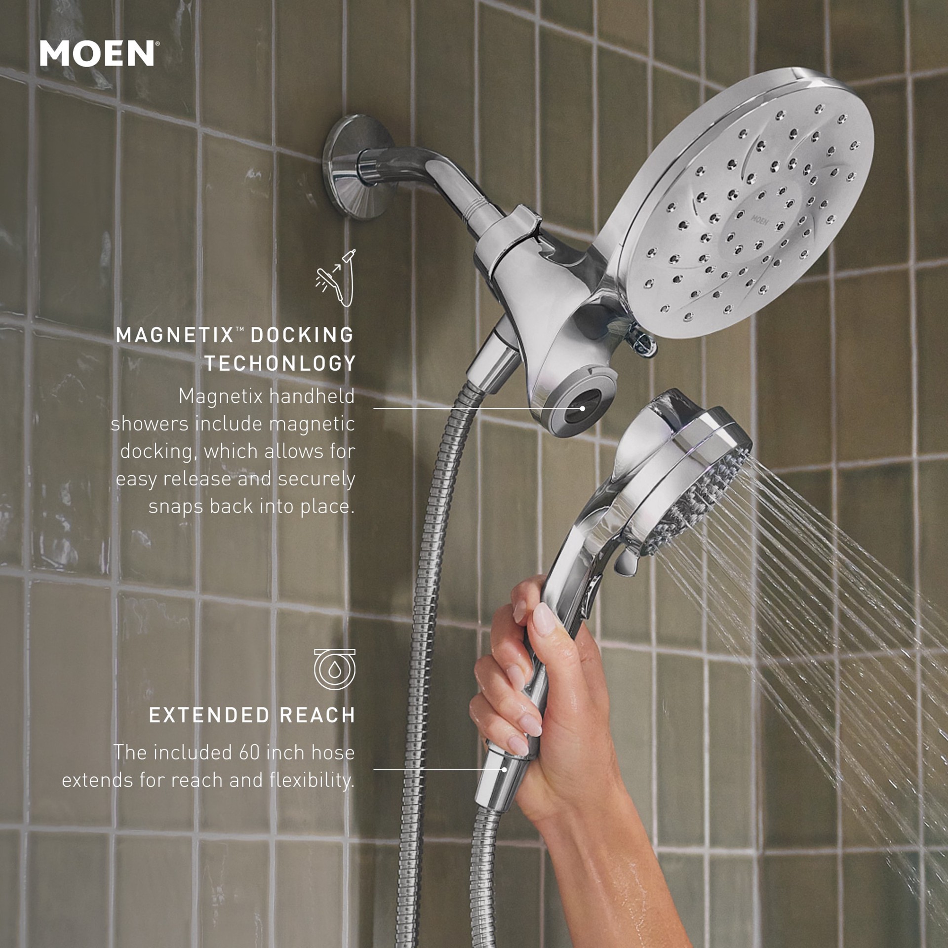 slide 4 of 6, Moen Graeden Magnetix Spot Resist Brushed Nickel 1-handle 6.75-in Round Bathtub and shower Faucet with Valve (Multi-head), 1 ct