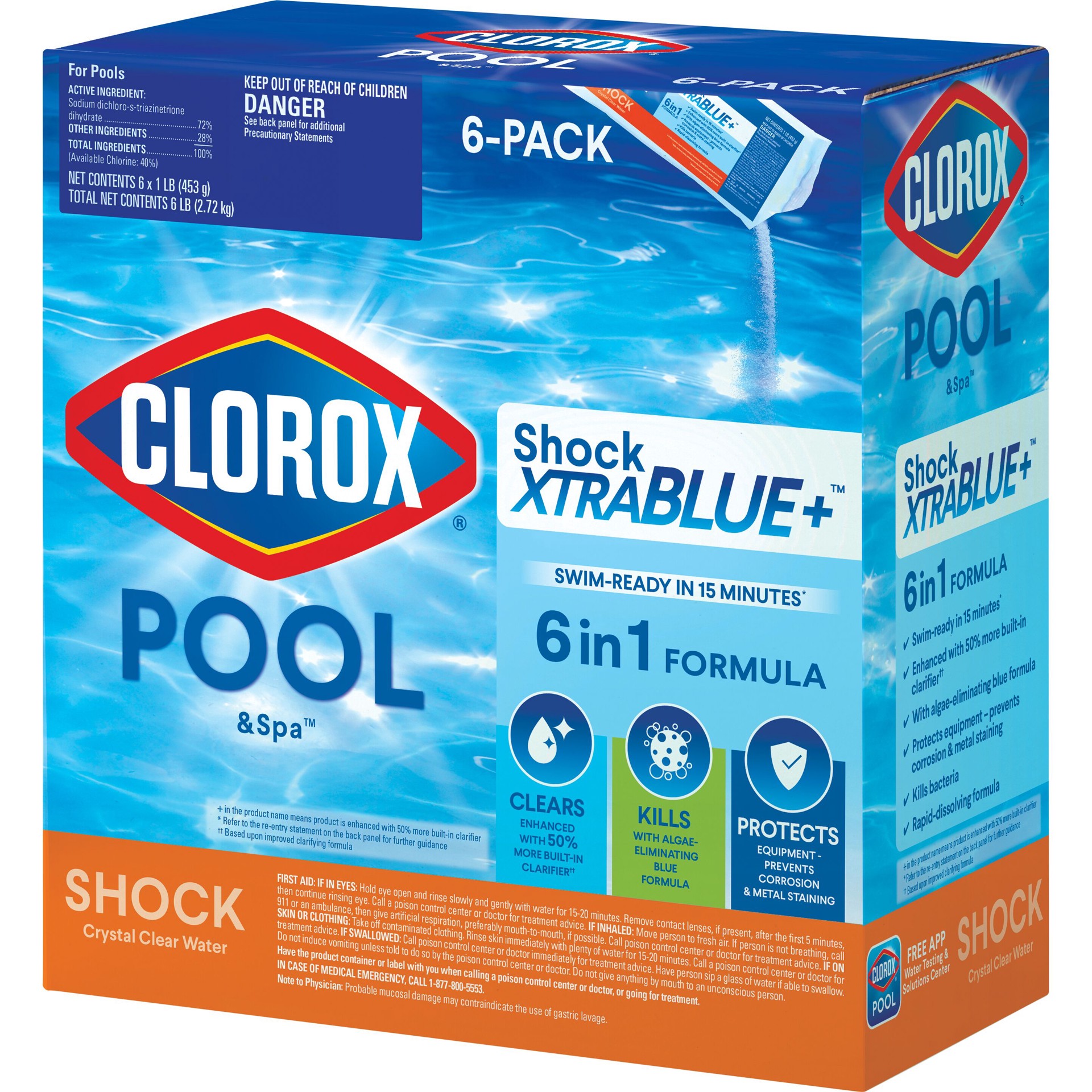 slide 1 of 6, Clorox Pool&Spa XtraBlue 6 in 1, 6 -Pack 16-oz Dichlor Pool Shock, 1 ct