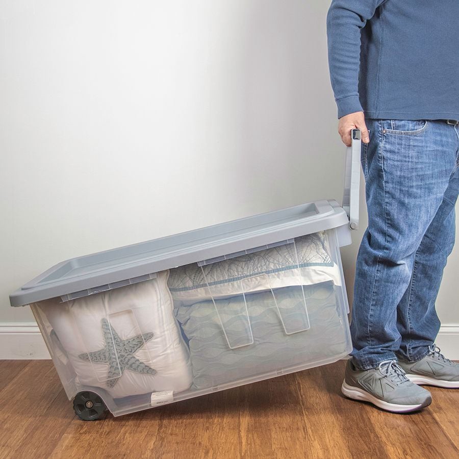 slide 6 of 6, Project Source Large 40 -Gallons ( 160 -Quarts ) Clear Heavy Duty Rolling Stackable Tote with Standard Snap Lid, 1 ct