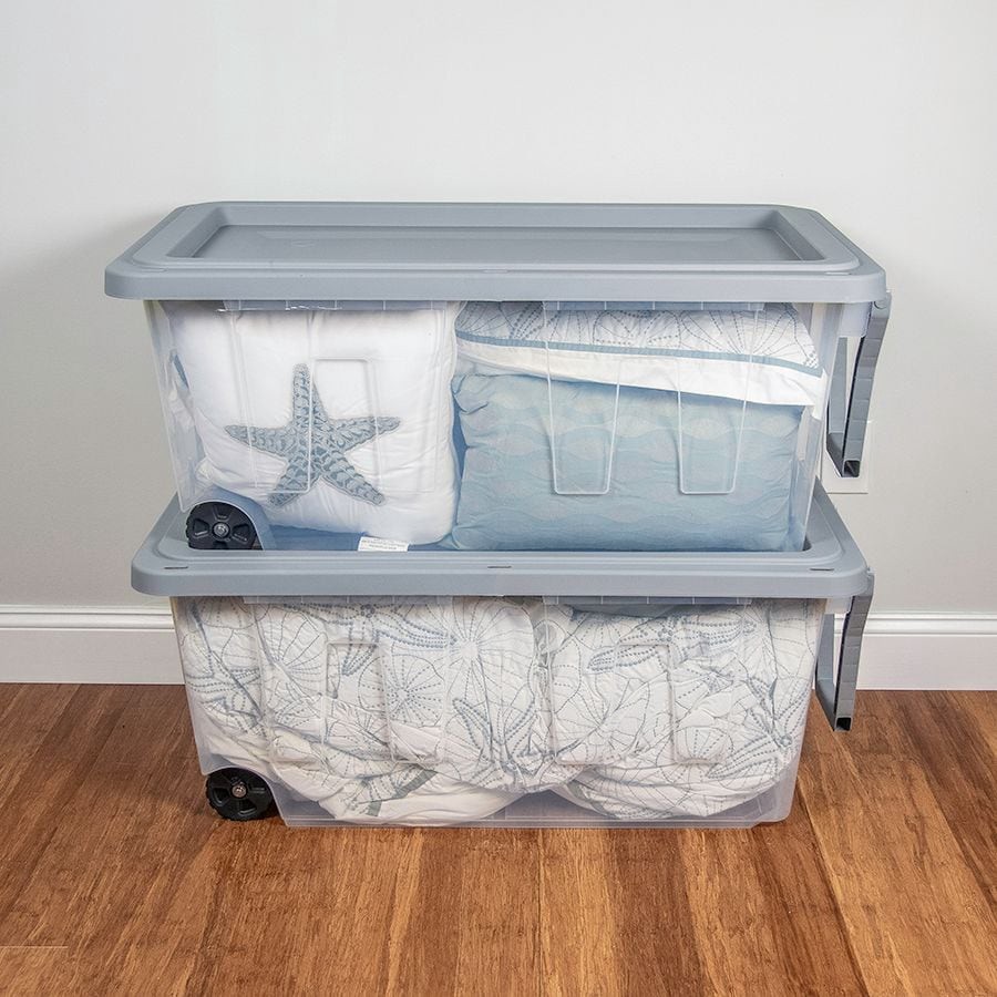 slide 5 of 6, Project Source Large 40 -Gallons ( 160 -Quarts ) Clear Heavy Duty Rolling Stackable Tote with Standard Snap Lid, 1 ct