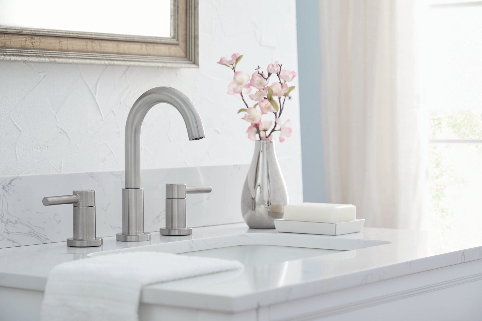 slide 4 of 6, allen + roth Harlow Brushed Nickel Widespread 2-handle WaterSense High-arc Residential Handle Bathroom Sink Faucet with Drain, 1 ct