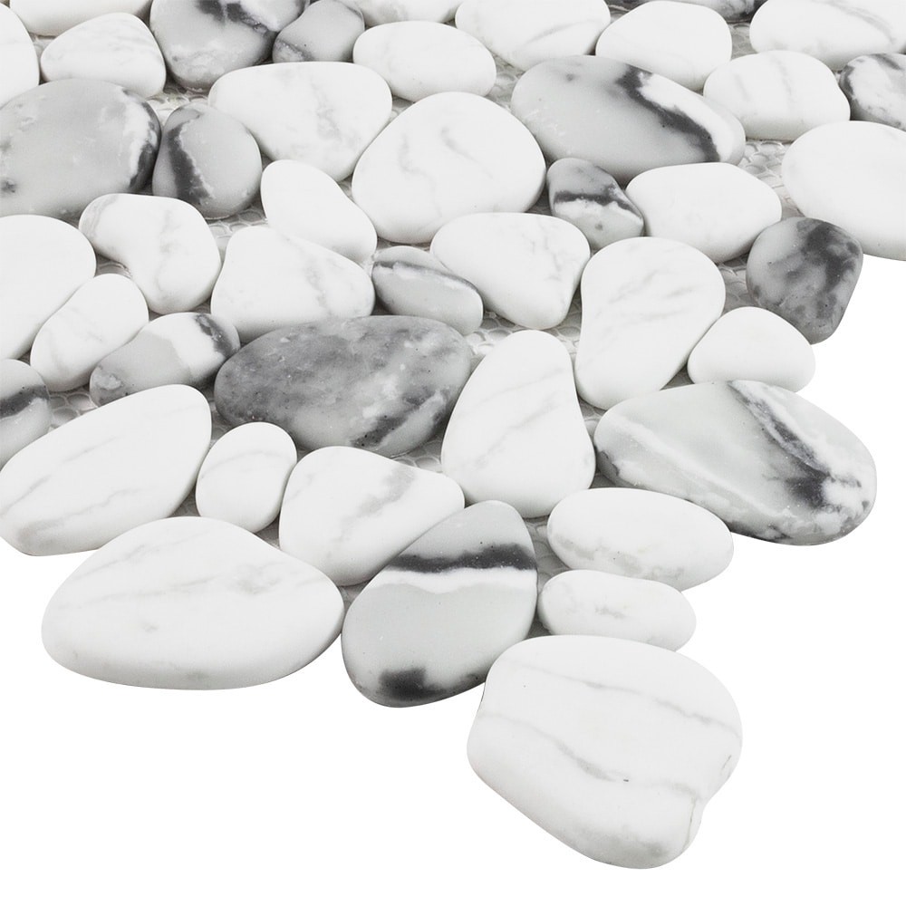 slide 4 of 6, Elida Ceramica Pebble Creek Marble 12-in x 12-in Carrara-look Glass Pebble Mosaic Floor and Wall Tile ( 0.99-sq ft Piece ), 1 ct