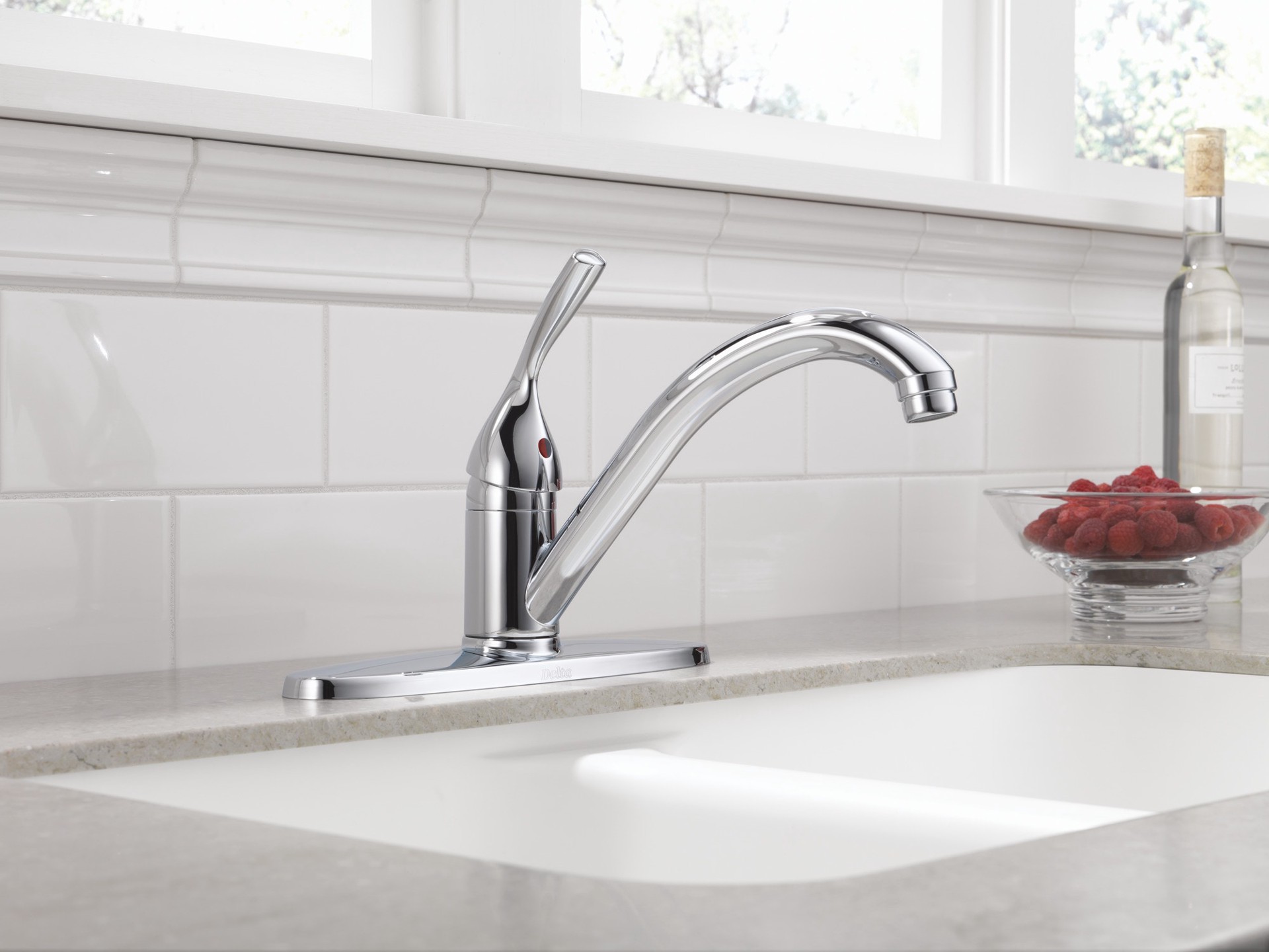slide 2 of 6, Delta Classic Chrome Single Handle Deck-mount Kitchen Faucet (Includes Deck Plate), 1 ct