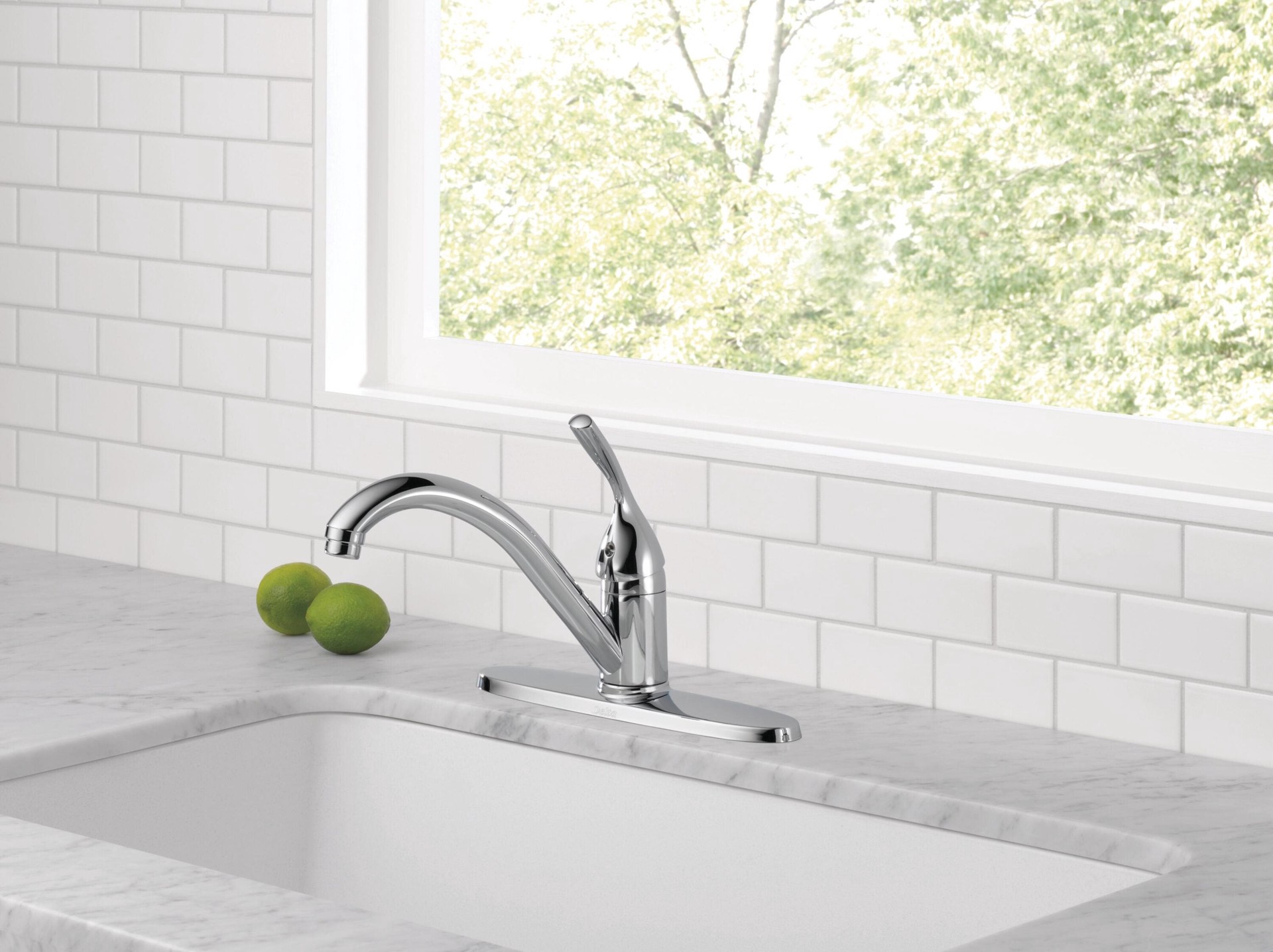 slide 4 of 6, Delta Classic Chrome Single Handle Deck-mount Kitchen Faucet (Includes Deck Plate), 1 ct