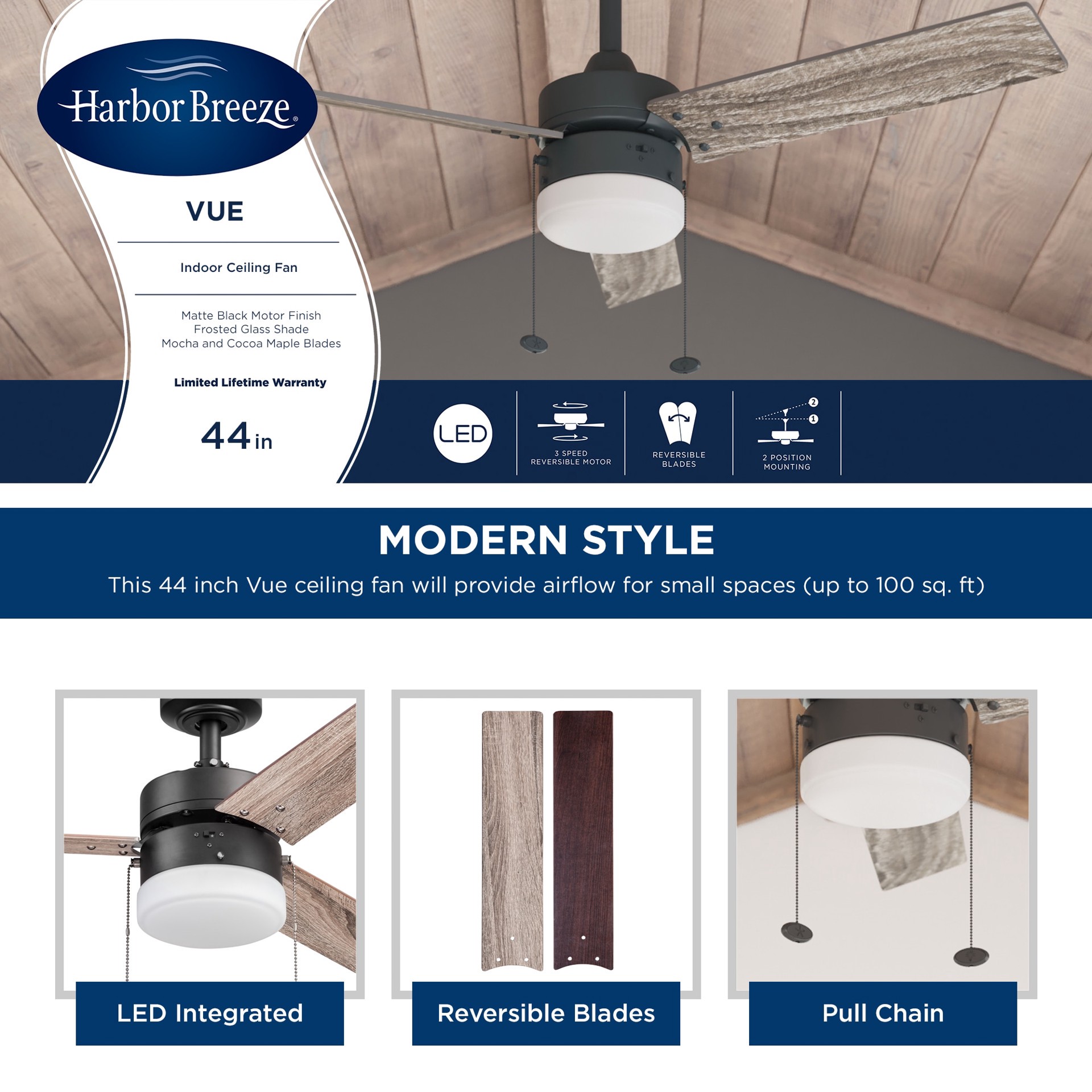 slide 5 of 6, Harbor Breeze Vue 44-in Matte black with Mocha/cocoa Blades Ceiling Fan With Light 3 -Blade, 1 ct