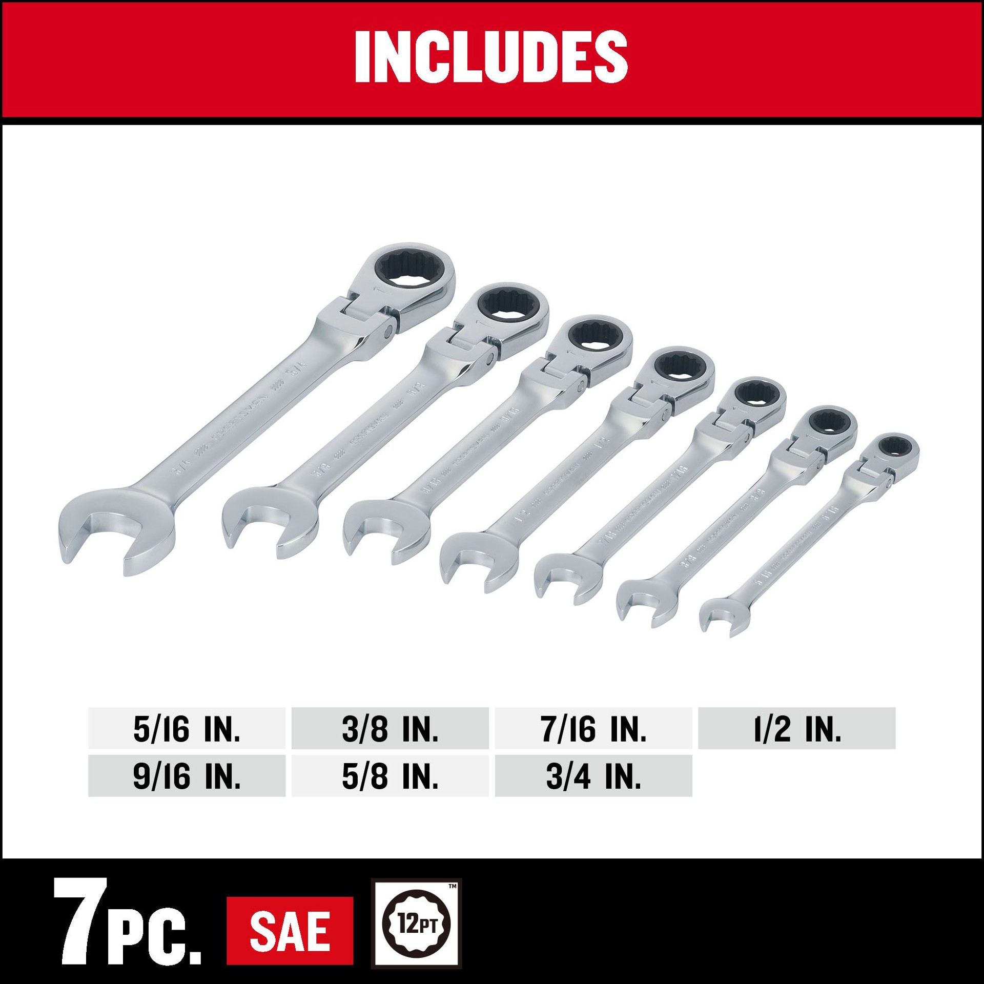 slide 2 of 6, CRAFTSMAN 7 -Piece Set Standard (SAE) Flexible Head Ratchet Wrench, 1 ct