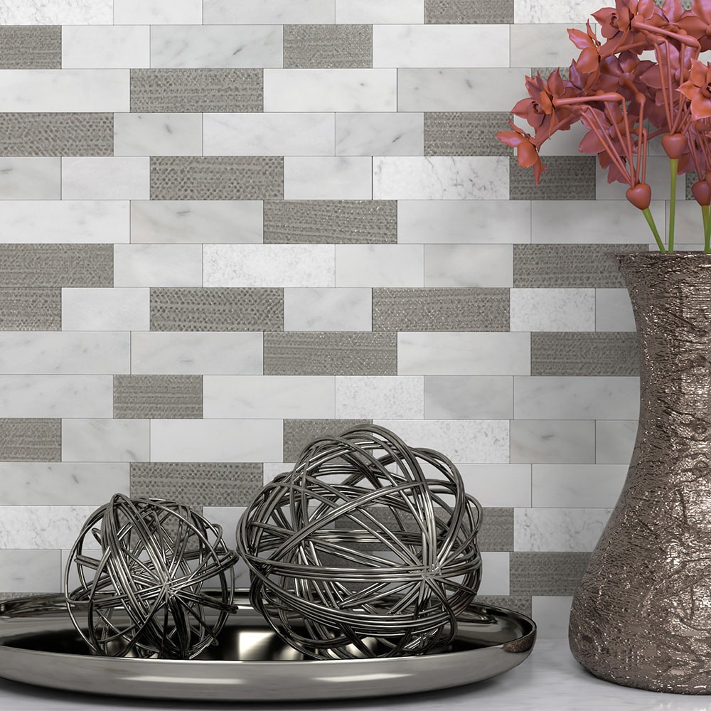 slide 5 of 6, Peel&Stick Mosaics Silver Mountain Beige and White 12-in x 13-in Multi-finish Glass/Stone Marble Multi-shaped Mosaic Wall Tile ( 0.968-sq ft Piece ), 1 ct
