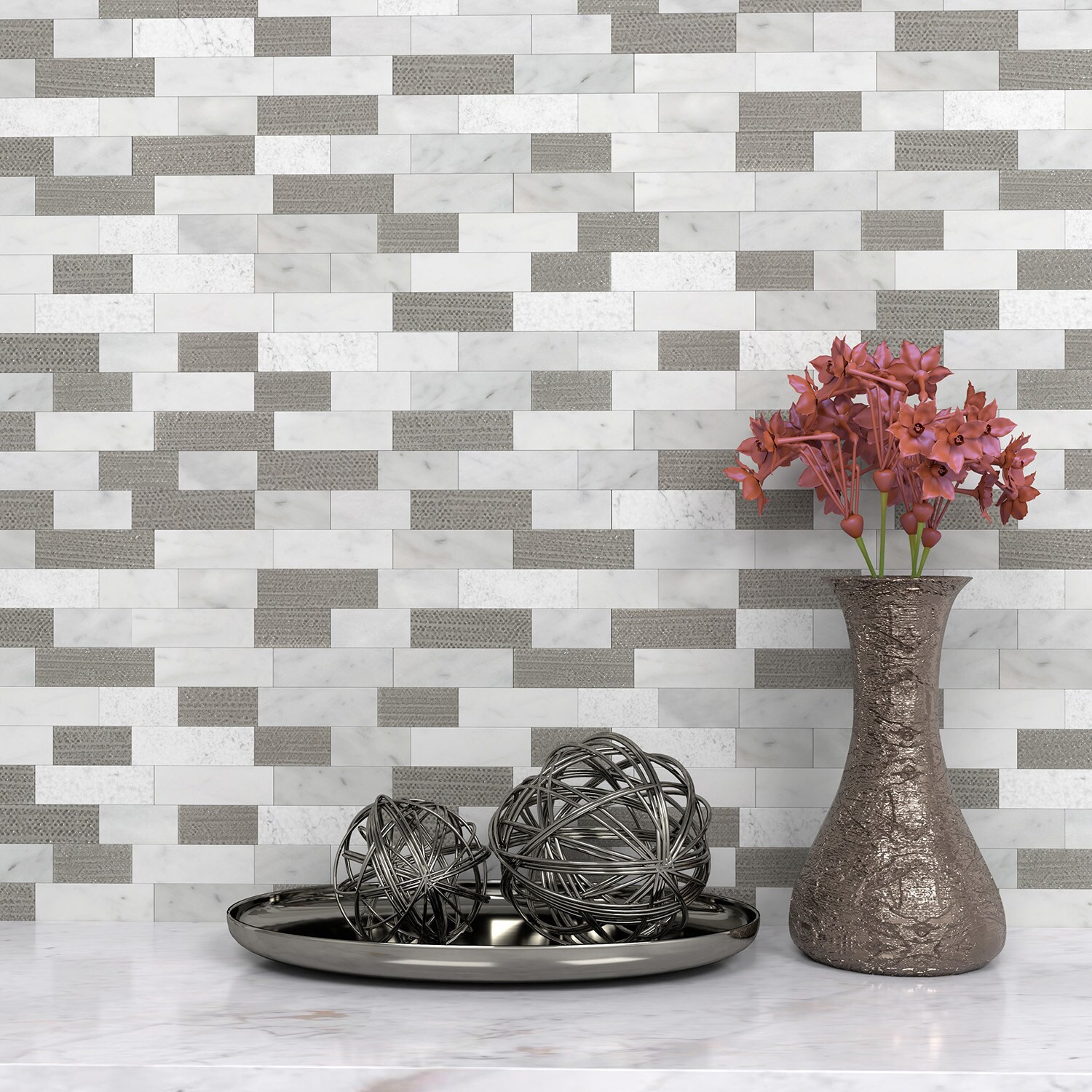 slide 3 of 6, Peel&Stick Mosaics Silver Mountain Beige and White 12-in x 13-in Multi-finish Glass/Stone Marble Multi-shaped Mosaic Wall Tile ( 0.968-sq ft Piece ), 1 ct