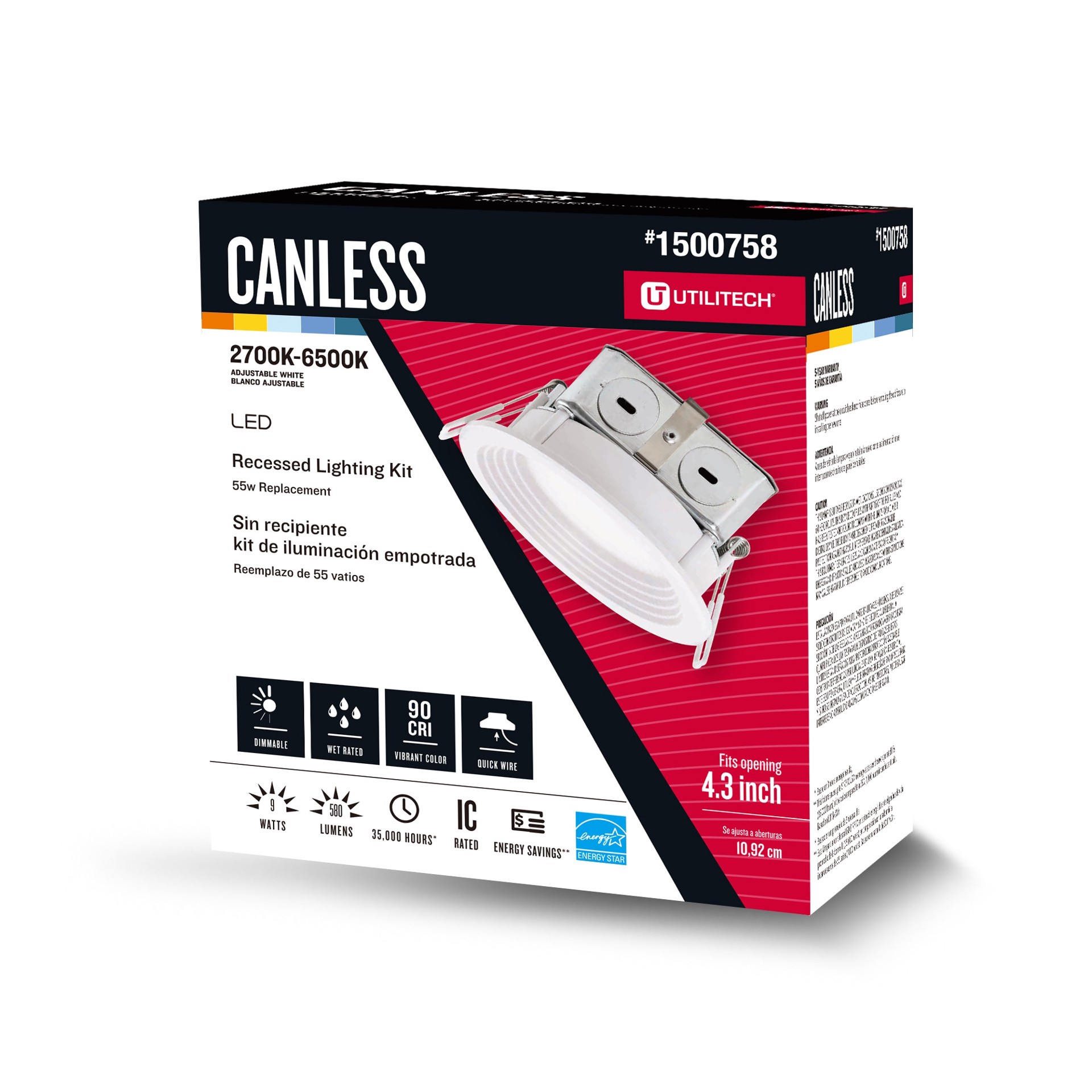 slide 3 of 6, Utilitech Color Changing White 4-in 580 -Lumens Switchable Round Dimmable LED Canless Wet rated Recessed Downlight, 1 ct