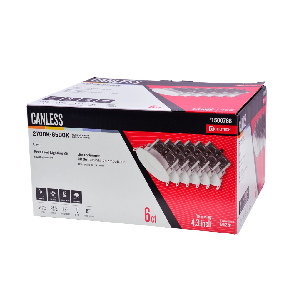 slide 3 of 6, Utilitech Color Changing White 4-in 580 -Lumens Switchable Round Dimmable LED Canless Wet rated Recessed Downlight 6 -Pack, 1 ct