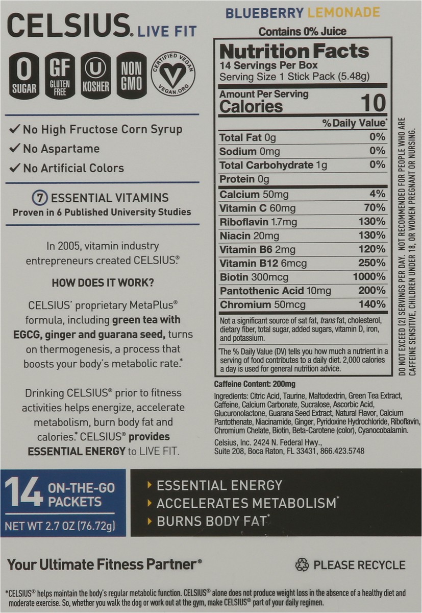 slide 10 of 12, CELSIUS Live Fit Blueberry Lemonade Powder Sticks 14 ea, 14 ct