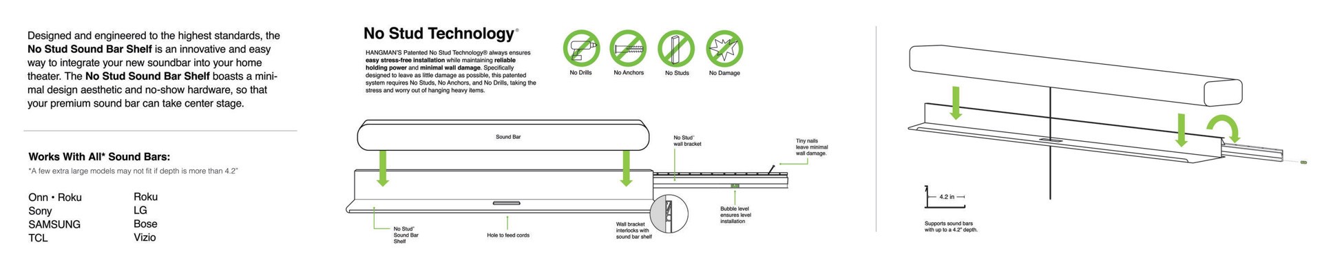slide 3 of 6, Hangman No Stud Fixed Indoor Wall Sound bar shelf Fits ( Hardware Included ), 1 ct