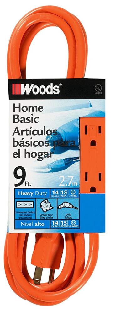 slide 1 of 1, Woods 9-ft 14 / 3 3 Prong Orange Outdoor SJTW Medium Duty General Extension Cord, 1 ct