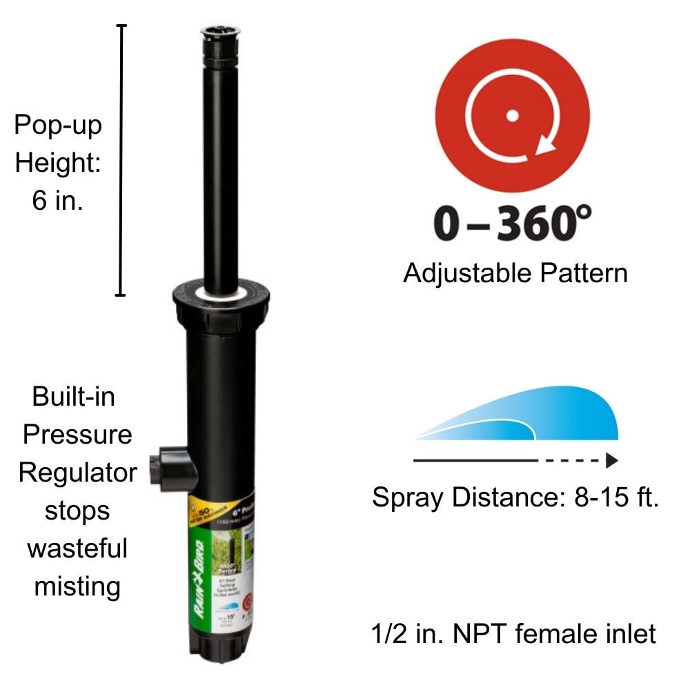 slide 2 of 6, Rain Bird 8-ft - 15-ft Adjustable Spray 6-in Pop-up spray head sprinkler, 1 ct