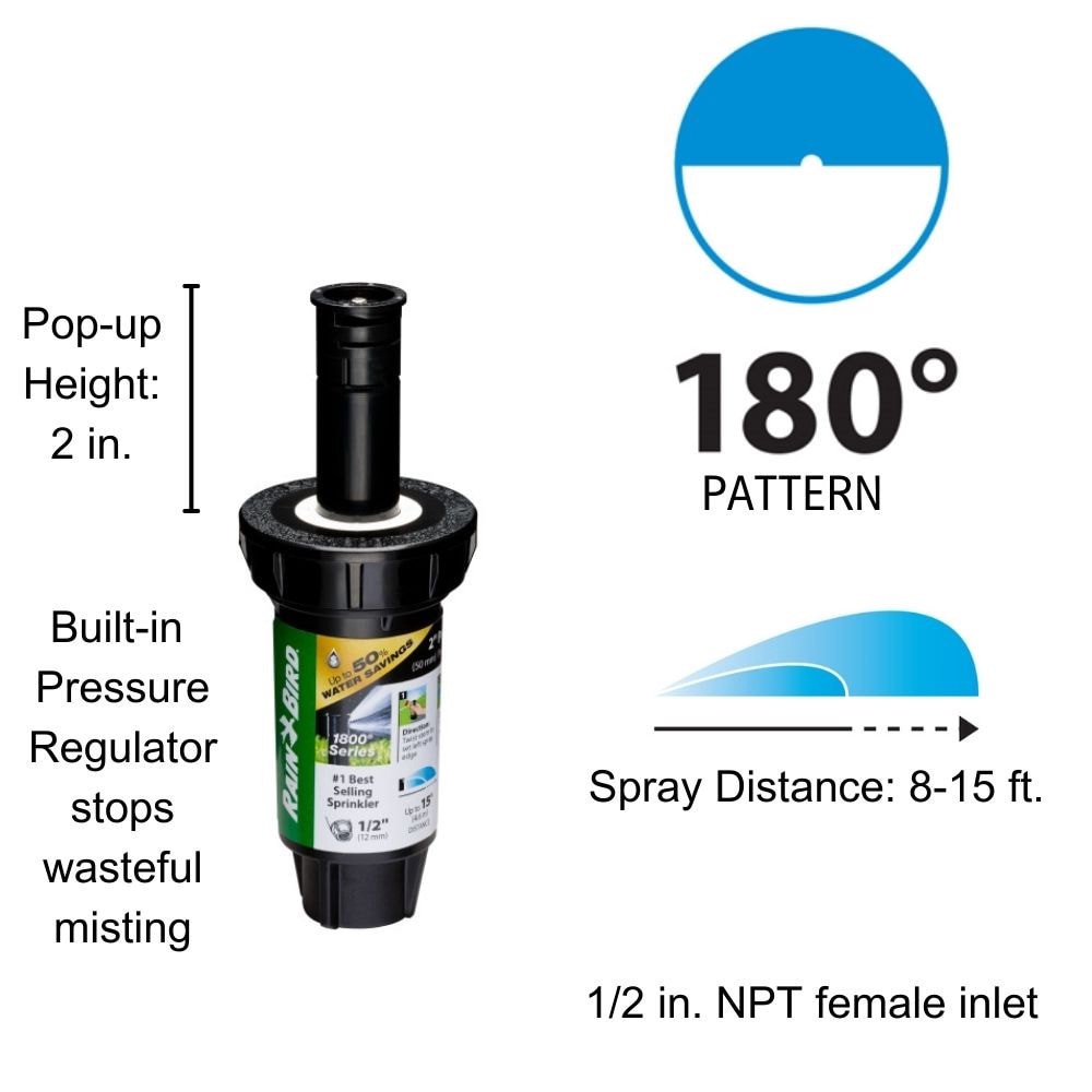 slide 2 of 6, Rain Bird 8-ft - 15-ft Half-circle Spray 2-in Pop-up spray head sprinkler, 1 ct