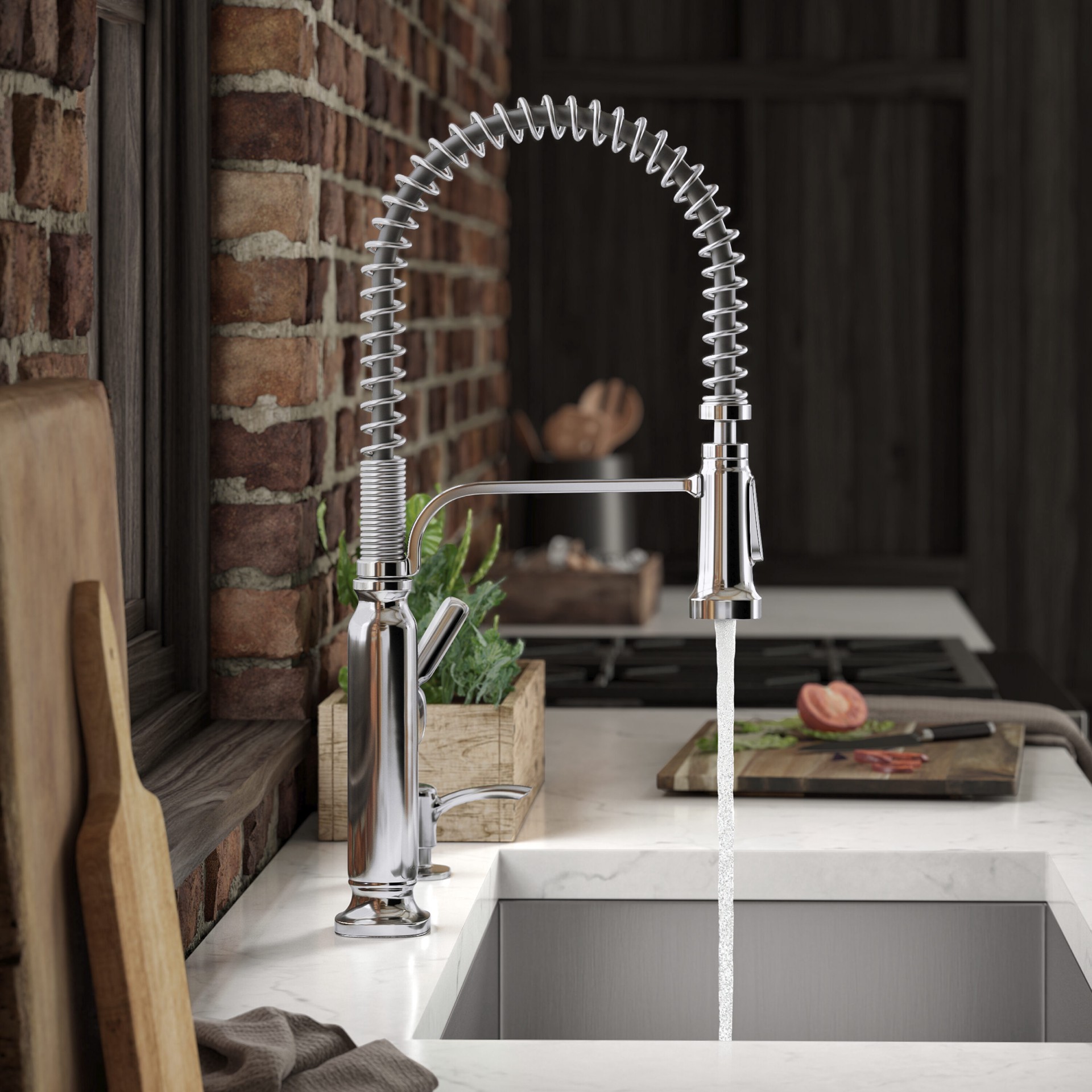 slide 3 of 6, KOHLER Ealing Pre-Rinse Spring Polished Chrome Single Handle Deck-mount Pull-down Kitchen Faucet with Sprayer (Includes Deck Plate) (Includes Soap Dispenser), 1 ct