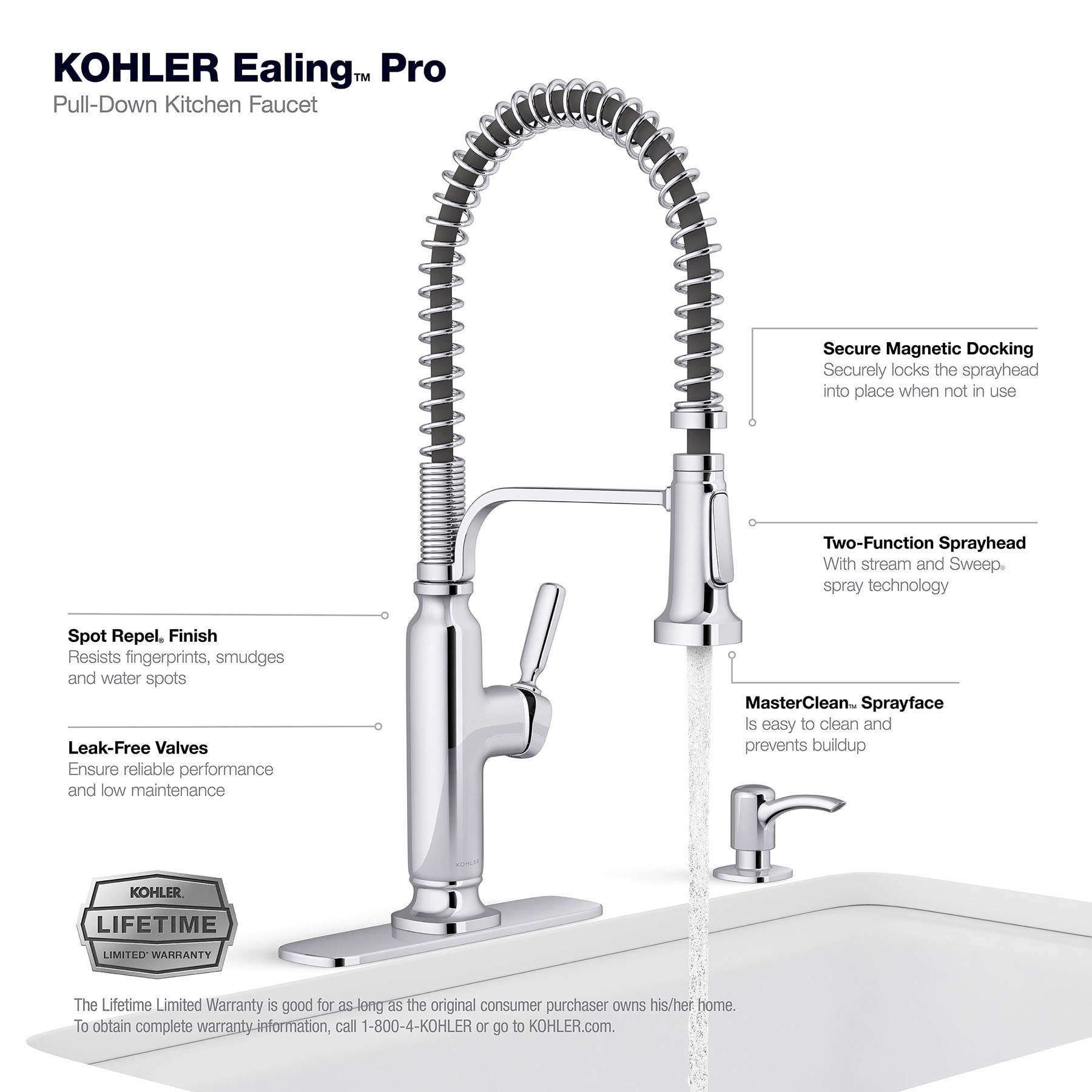 slide 5 of 6, KOHLER Ealing Pre-Rinse Spring Polished Chrome Single Handle Deck-mount Pull-down Kitchen Faucet with Sprayer (Includes Deck Plate) (Includes Soap Dispenser), 1 ct