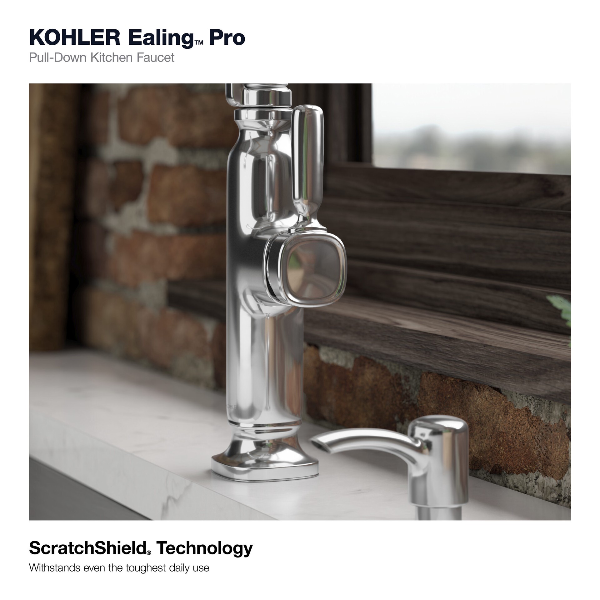 slide 6 of 6, KOHLER Ealing Pre-Rinse Spring Polished Chrome Single Handle Deck-mount Pull-down Kitchen Faucet with Sprayer (Includes Deck Plate) (Includes Soap Dispenser), 1 ct
