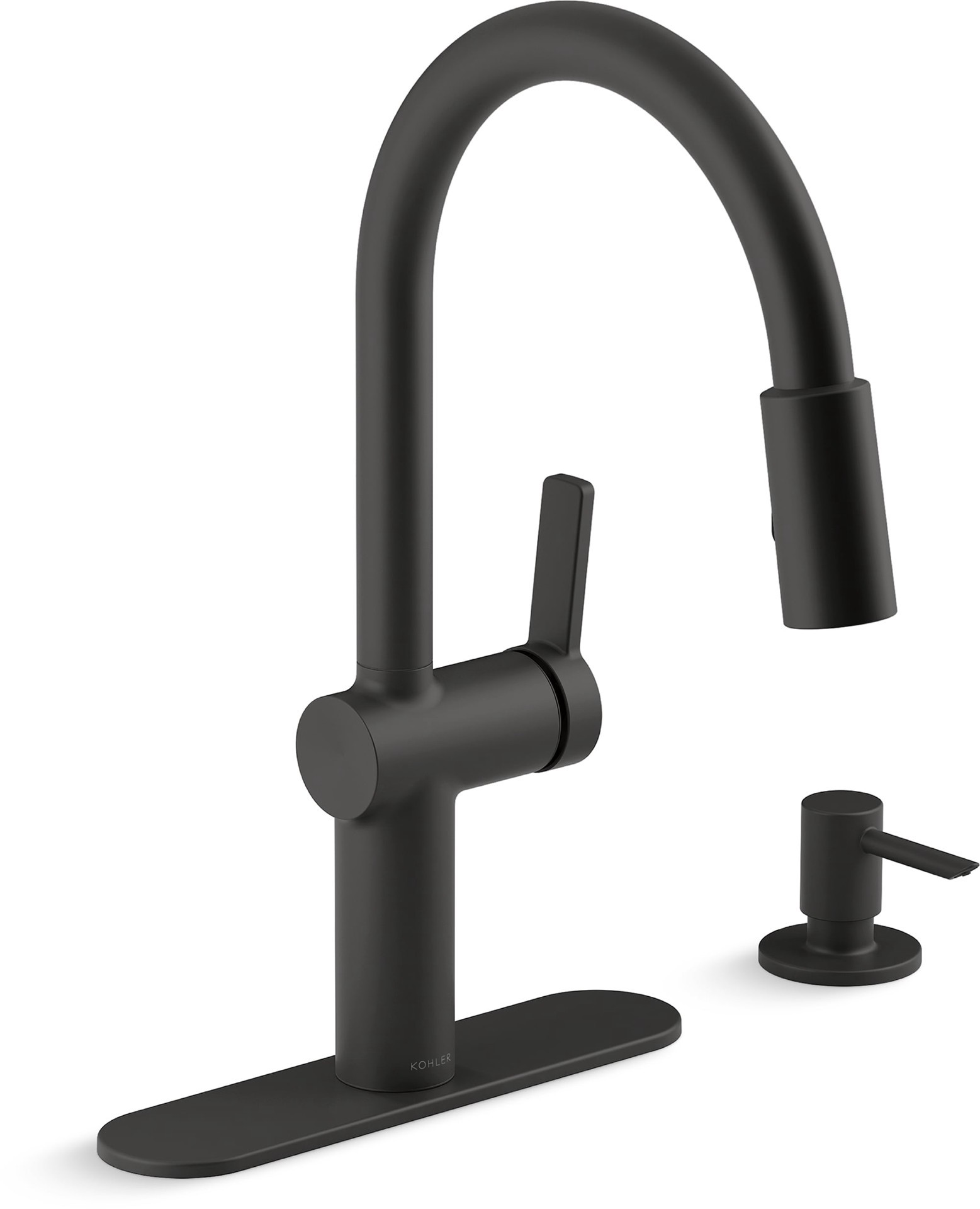 slide 2 of 6, KOHLER Koi Matte Black Single Handle Deck-mount Pull-down Kitchen Faucet with Sprayer (Includes Deck Plate) (Includes Soap Dispenser), 1 ct