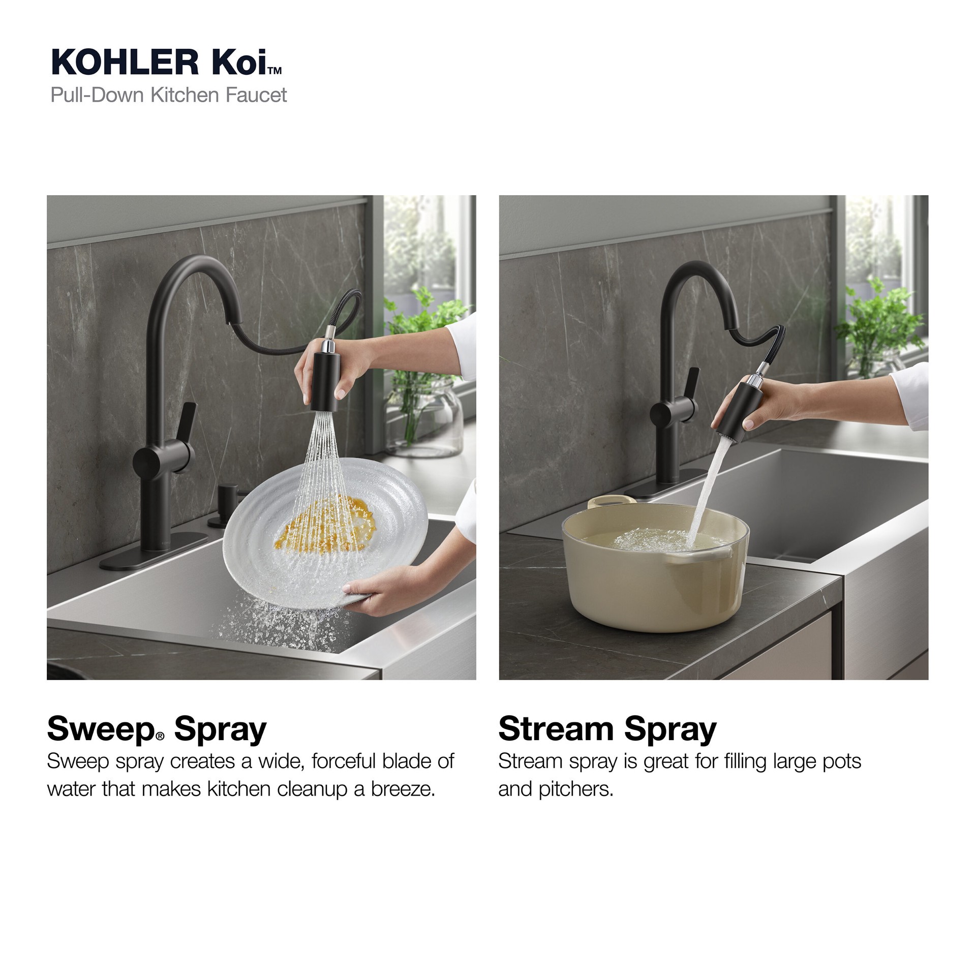 slide 3 of 6, KOHLER Koi Matte Black Single Handle Deck-mount Pull-down Kitchen Faucet with Sprayer (Includes Deck Plate) (Includes Soap Dispenser), 1 ct