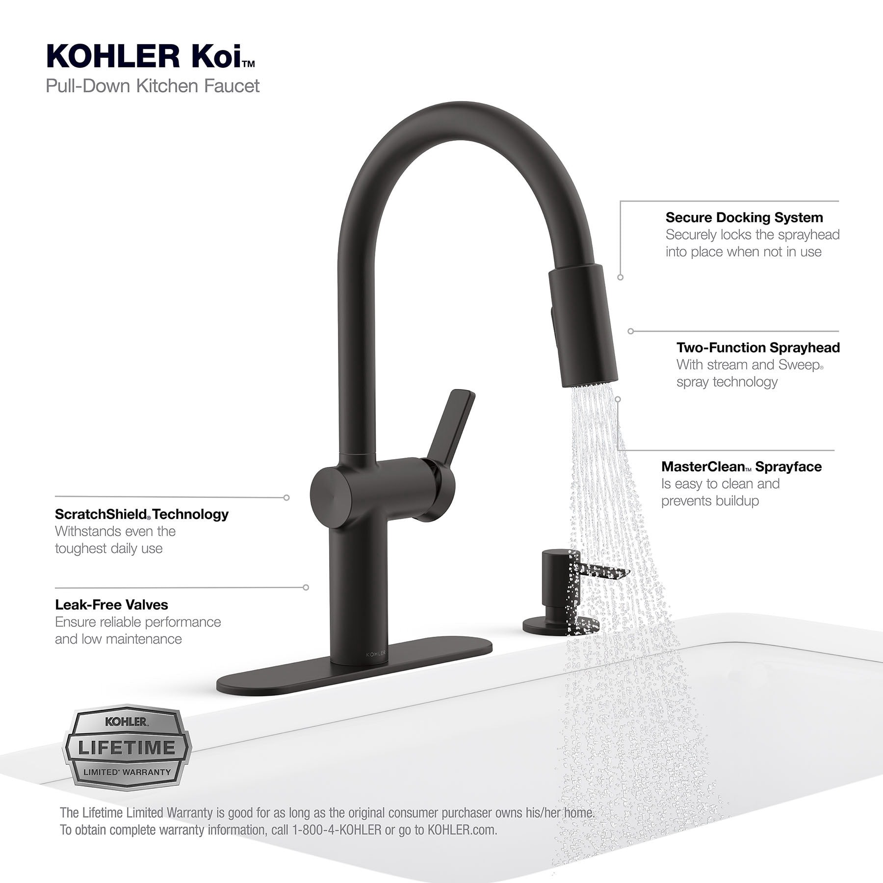 slide 4 of 6, KOHLER Koi Matte Black Single Handle Deck-mount Pull-down Kitchen Faucet with Sprayer (Includes Deck Plate) (Includes Soap Dispenser), 1 ct