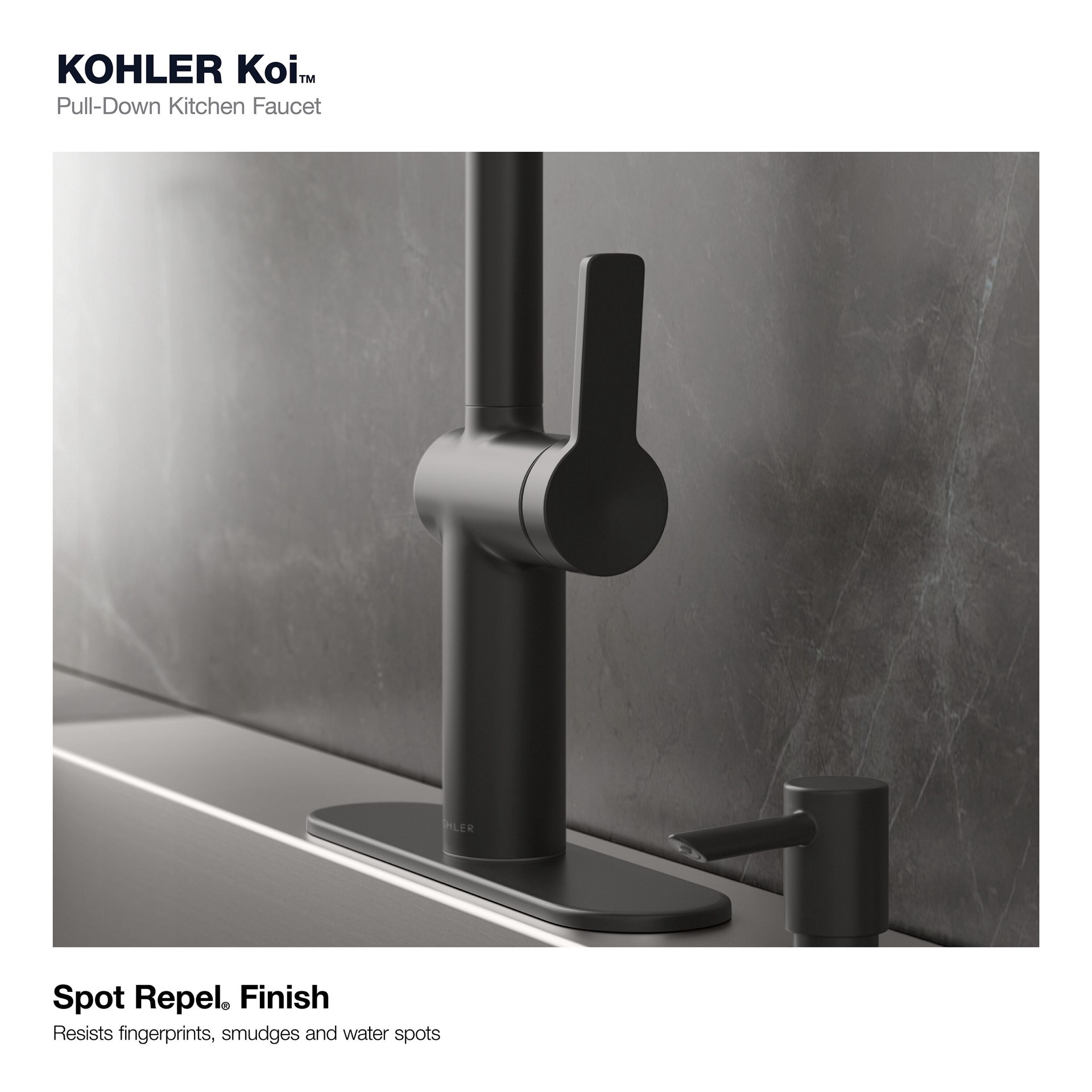 slide 5 of 6, KOHLER Koi Matte Black Single Handle Deck-mount Pull-down Kitchen Faucet with Sprayer (Includes Deck Plate) (Includes Soap Dispenser), 1 ct