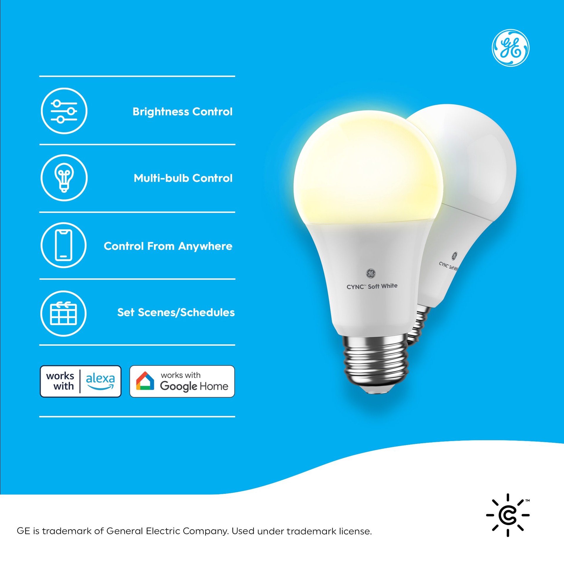 slide 6 of 6, GE Cync 60 -Watt EQ A19 Soft white Medium base (E-26) Dimmable Smart LED General purpose Light Bulb 2 -Pack, 1 ct